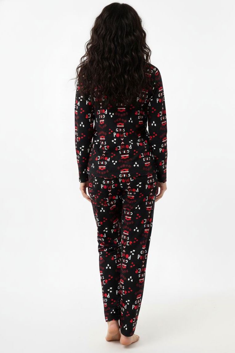 Desenli Süet Pijama Takımı - 28158-SIYAH - 2