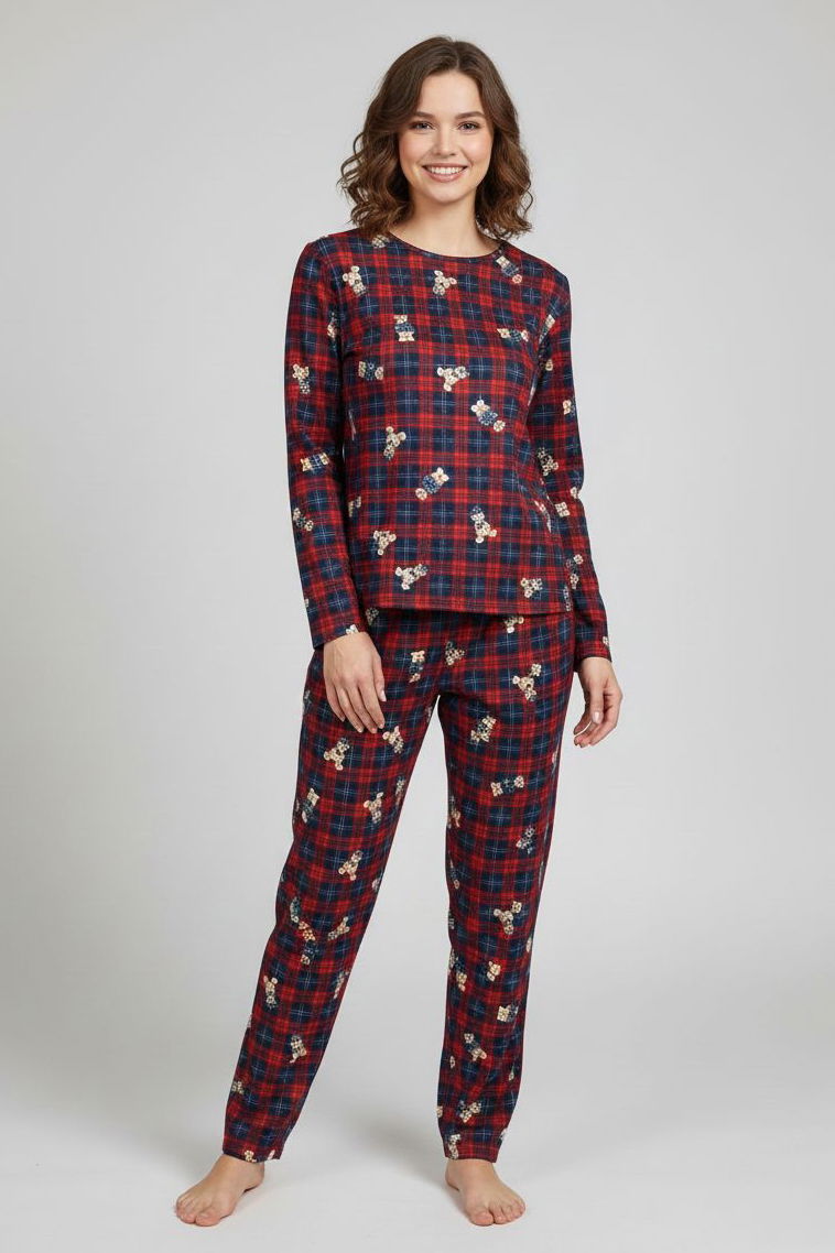 Desenli Süet Pijama Takımı - 28159-KIRMIZI - 1