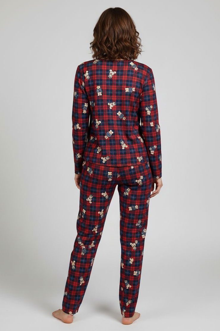 Desenli Süet Pijama Takımı - 28159-KIRMIZI - TOFİSA