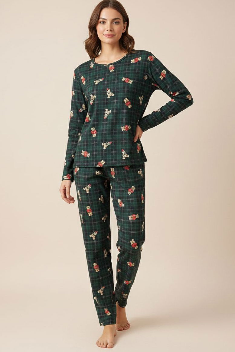 Desenli Süet Pijama Takımı - 28159-ZUMRUT - 1