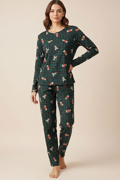 Desenli Süet Pijama Takımı - 28159-ZUMRUT 