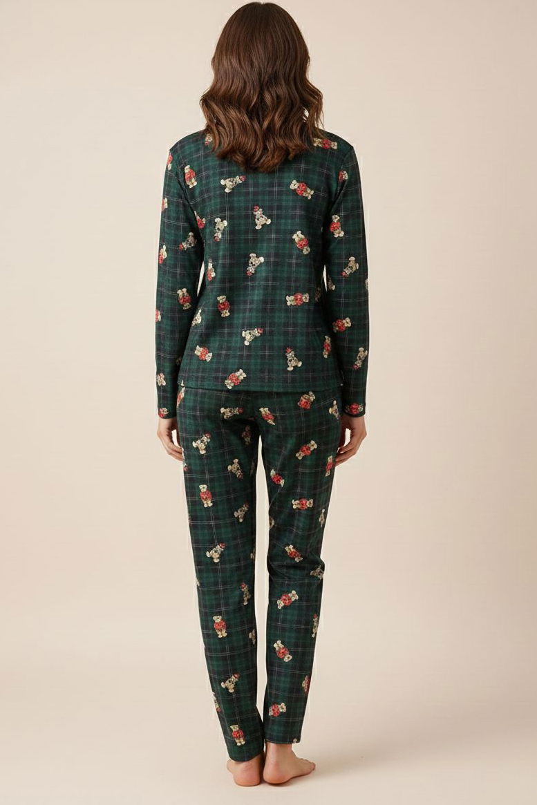 Desenli Süet Pijama Takımı - 28159-ZUMRUT - 2