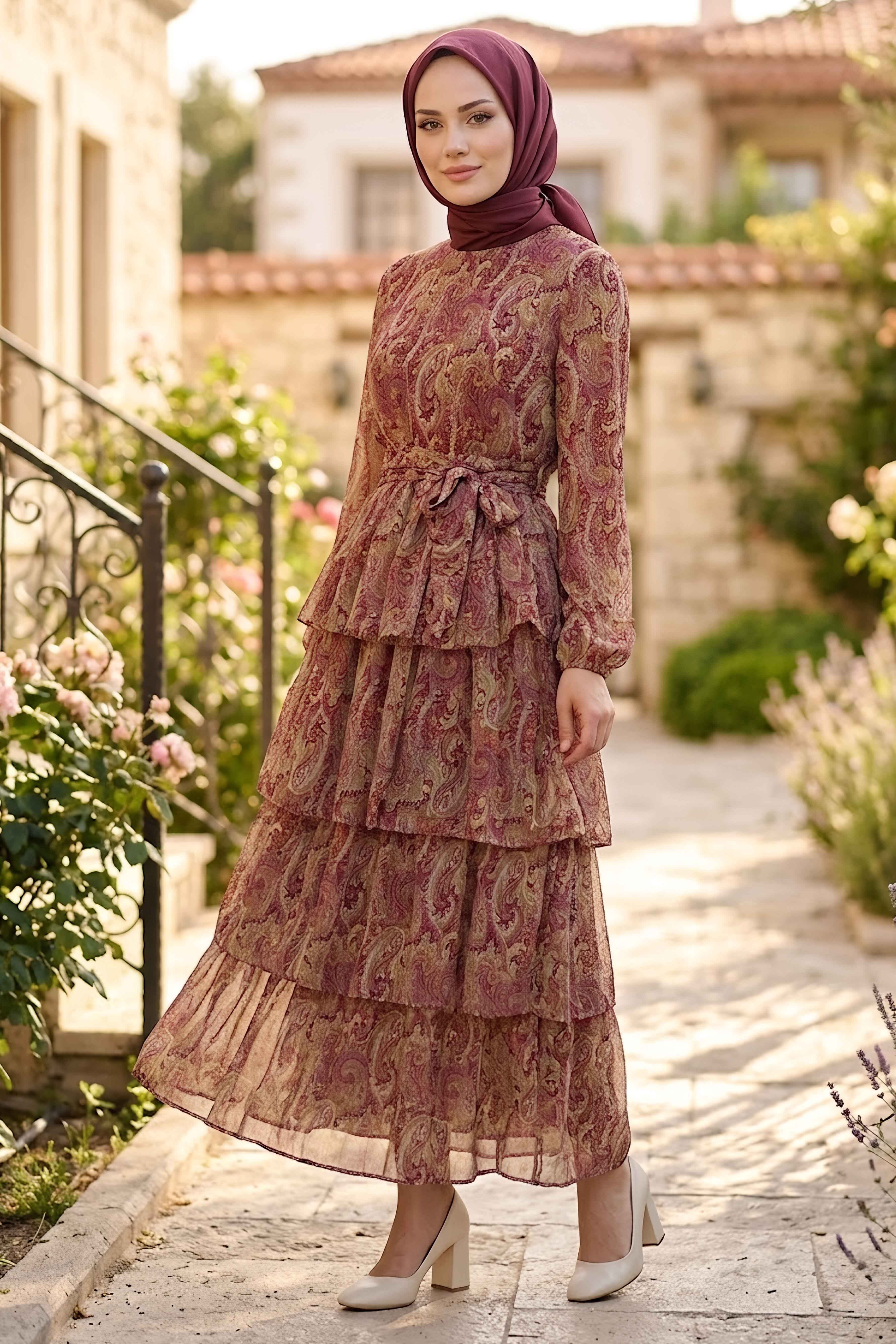 Desenli Tokalı Şifon Elbise Bordo - 28719-BORDO - 1