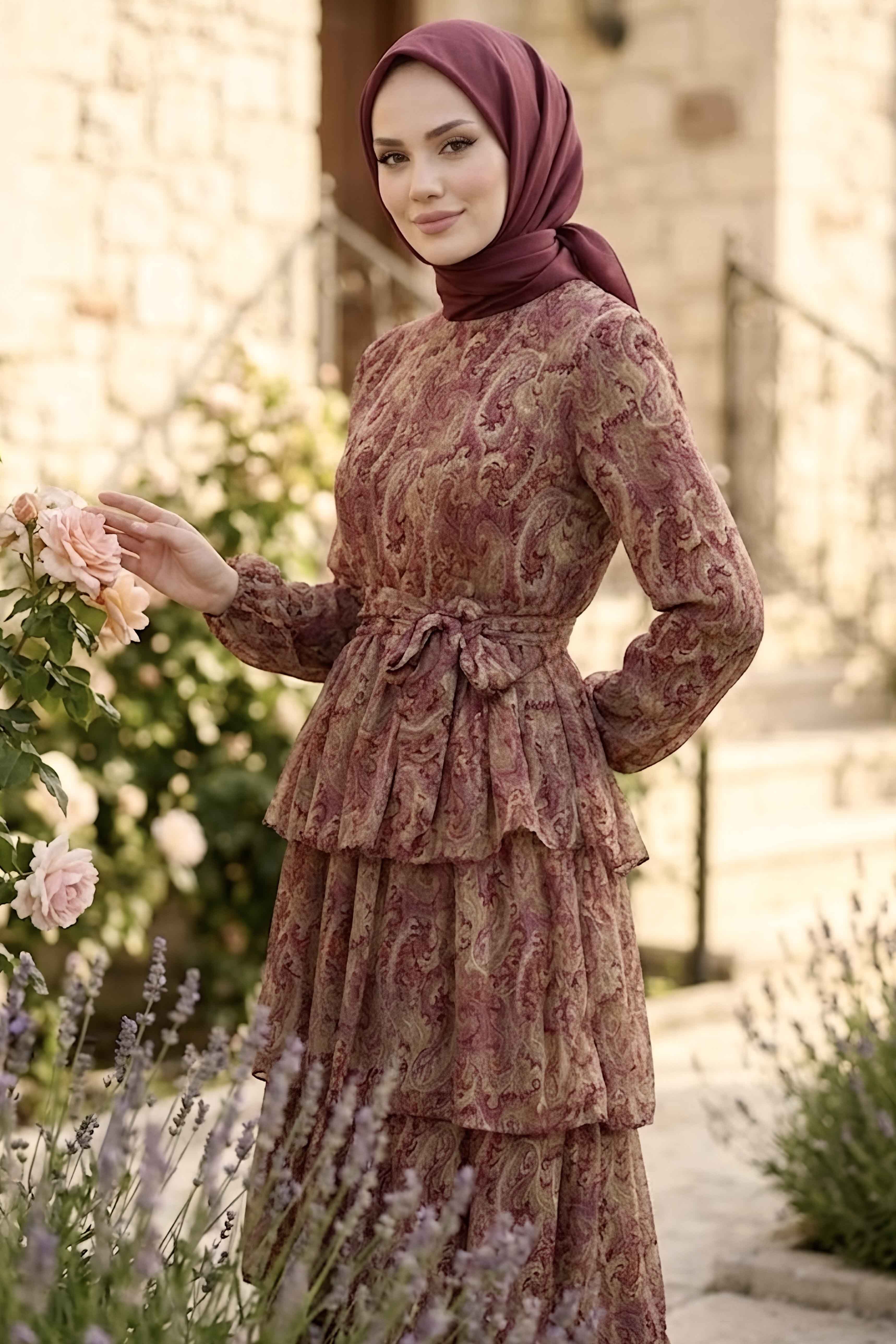 Desenli Tokalı Şifon Elbise Bordo - 28719-BORDO - 2