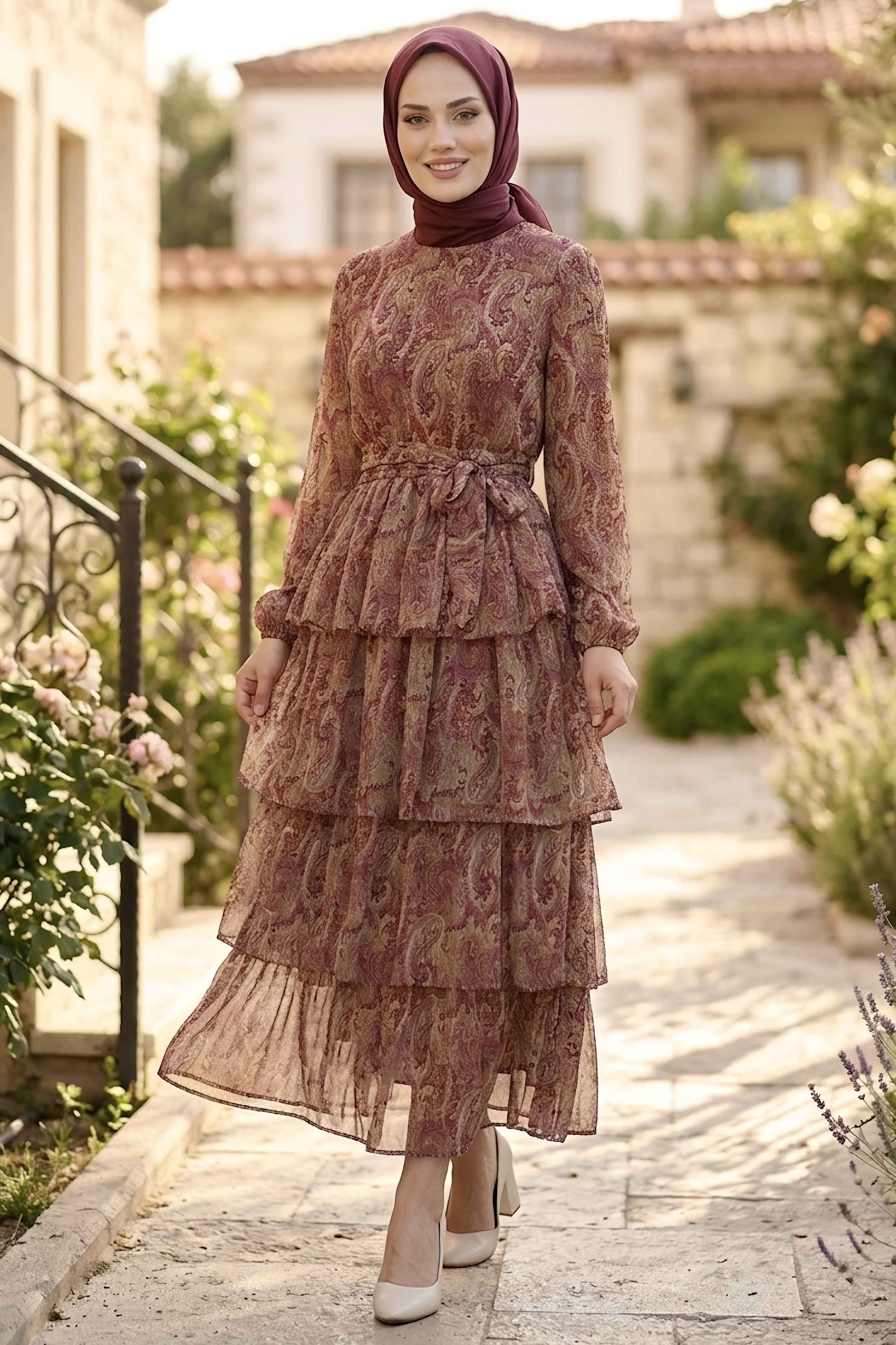 Desenli Tokalı Şifon Elbise Bordo - 28719-BORDO - 3