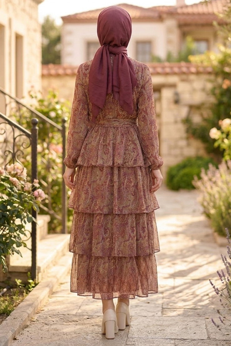 Desenli Tokalı Şifon Elbise Bordo - 28719-BORDO - 4