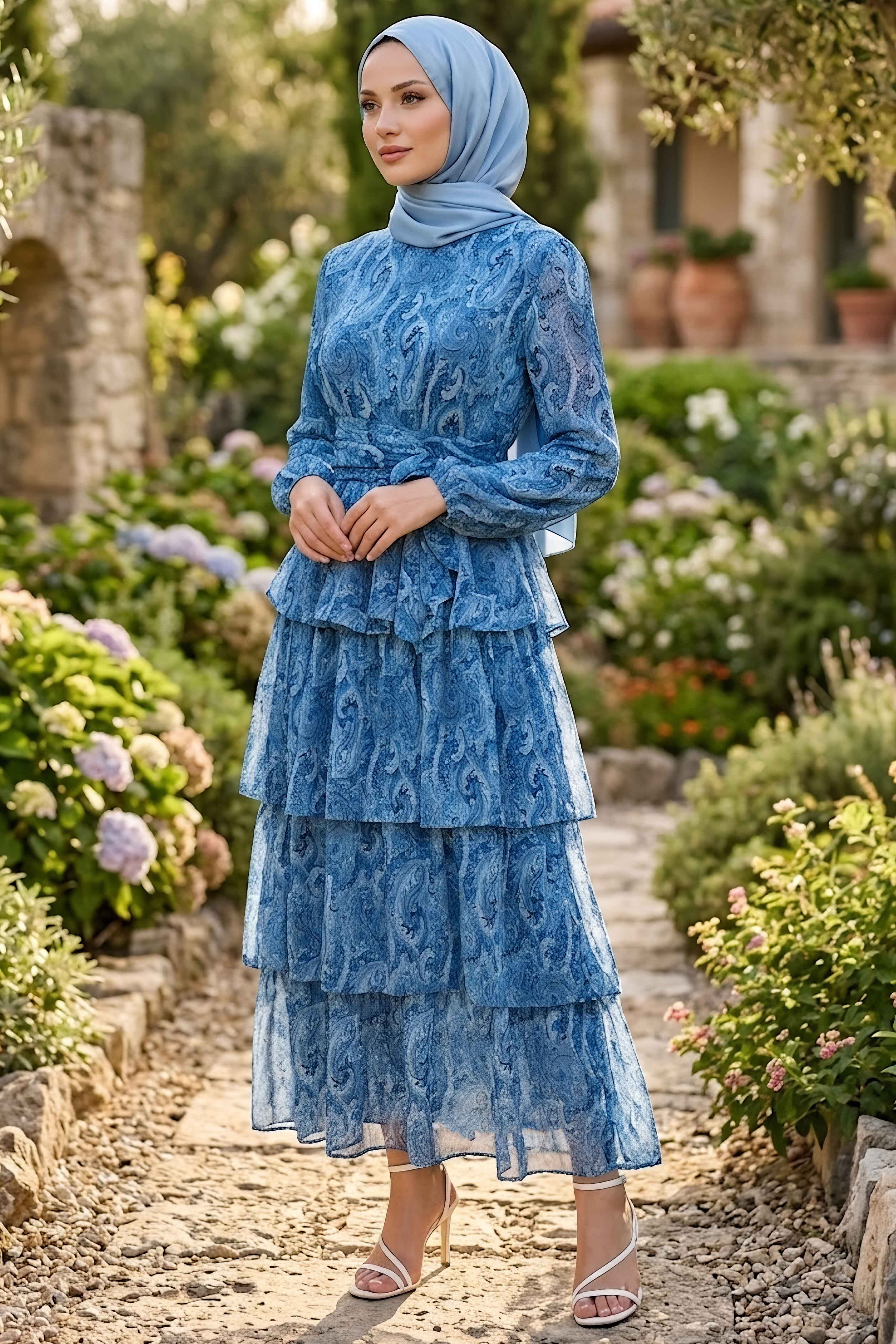 Desenli Tokalı Şifon Elbise Indigo - 28719-INDIGO - 1