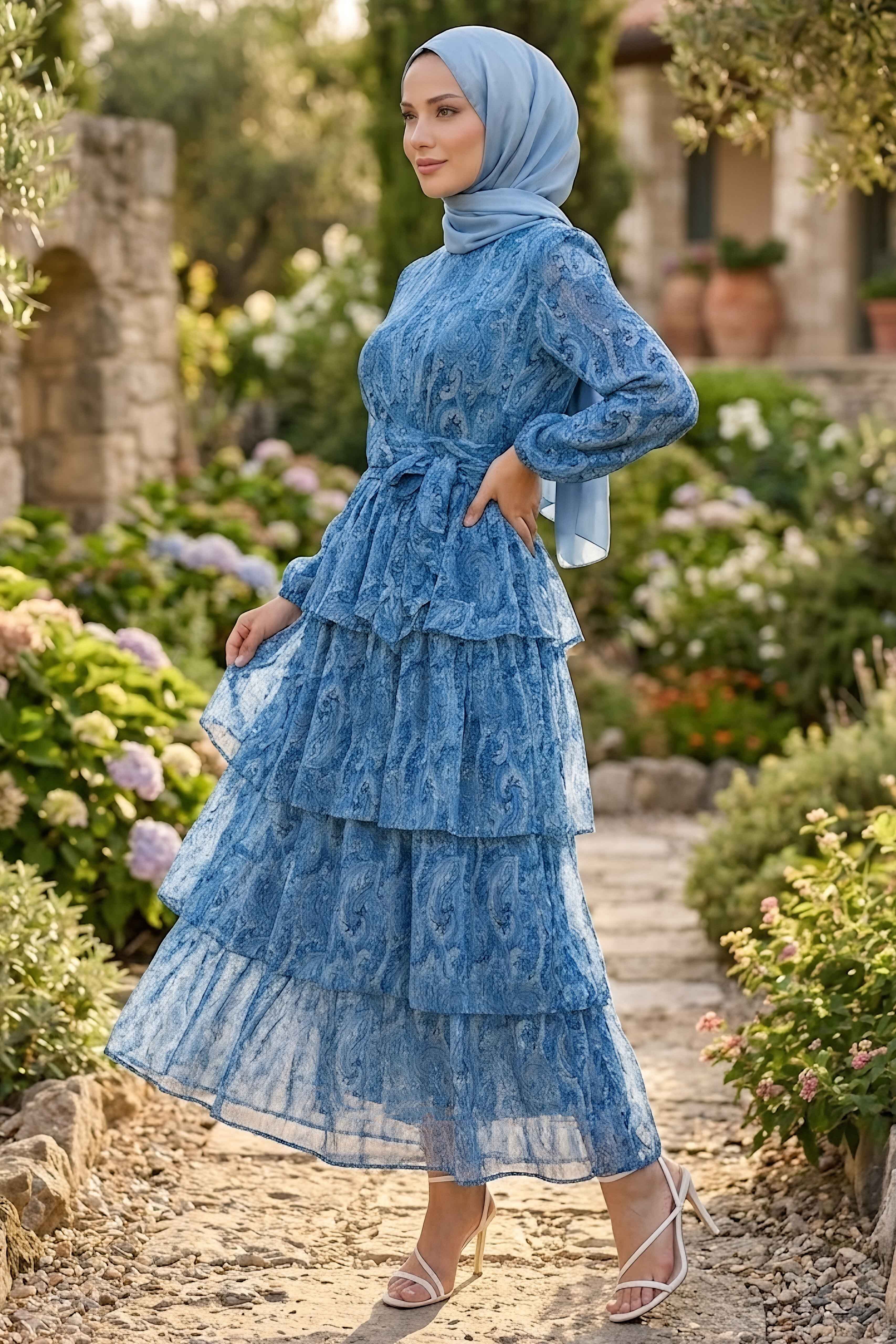 Desenli Tokalı Şifon Elbise Indigo - 28719-INDIGO - 2