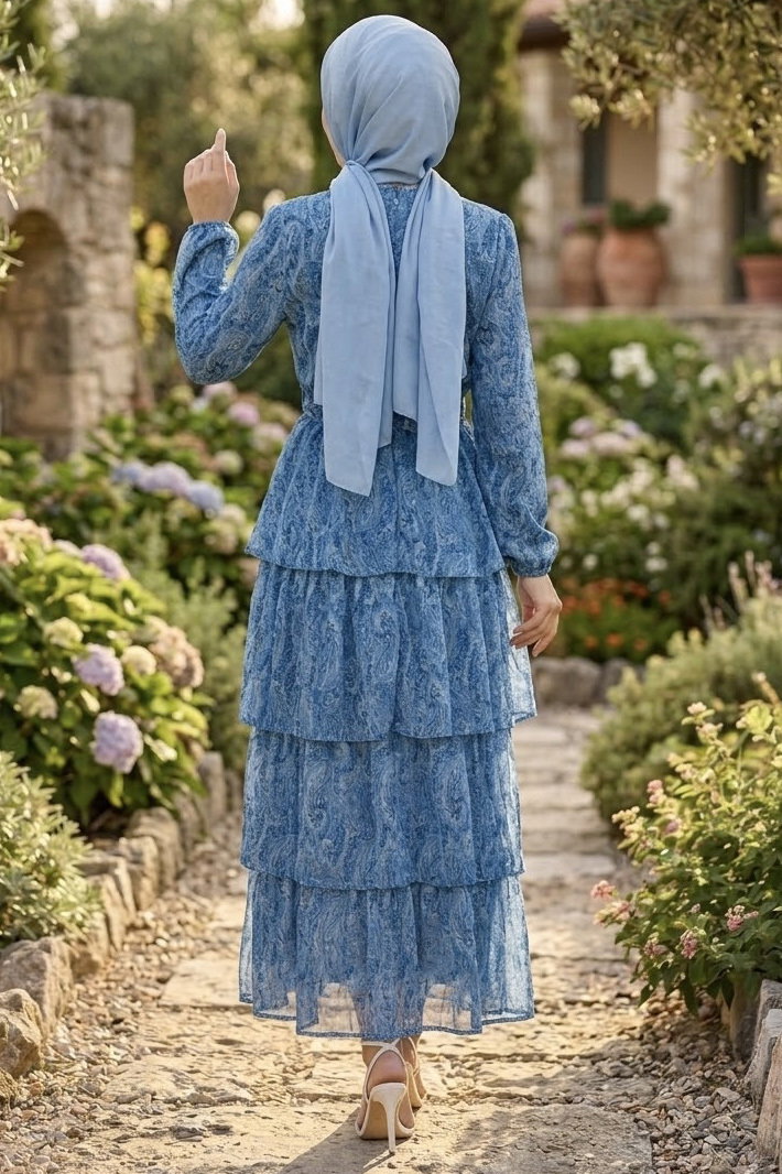 Desenli Tokalı Şifon Elbise Indigo - 28719-INDIGO - 3