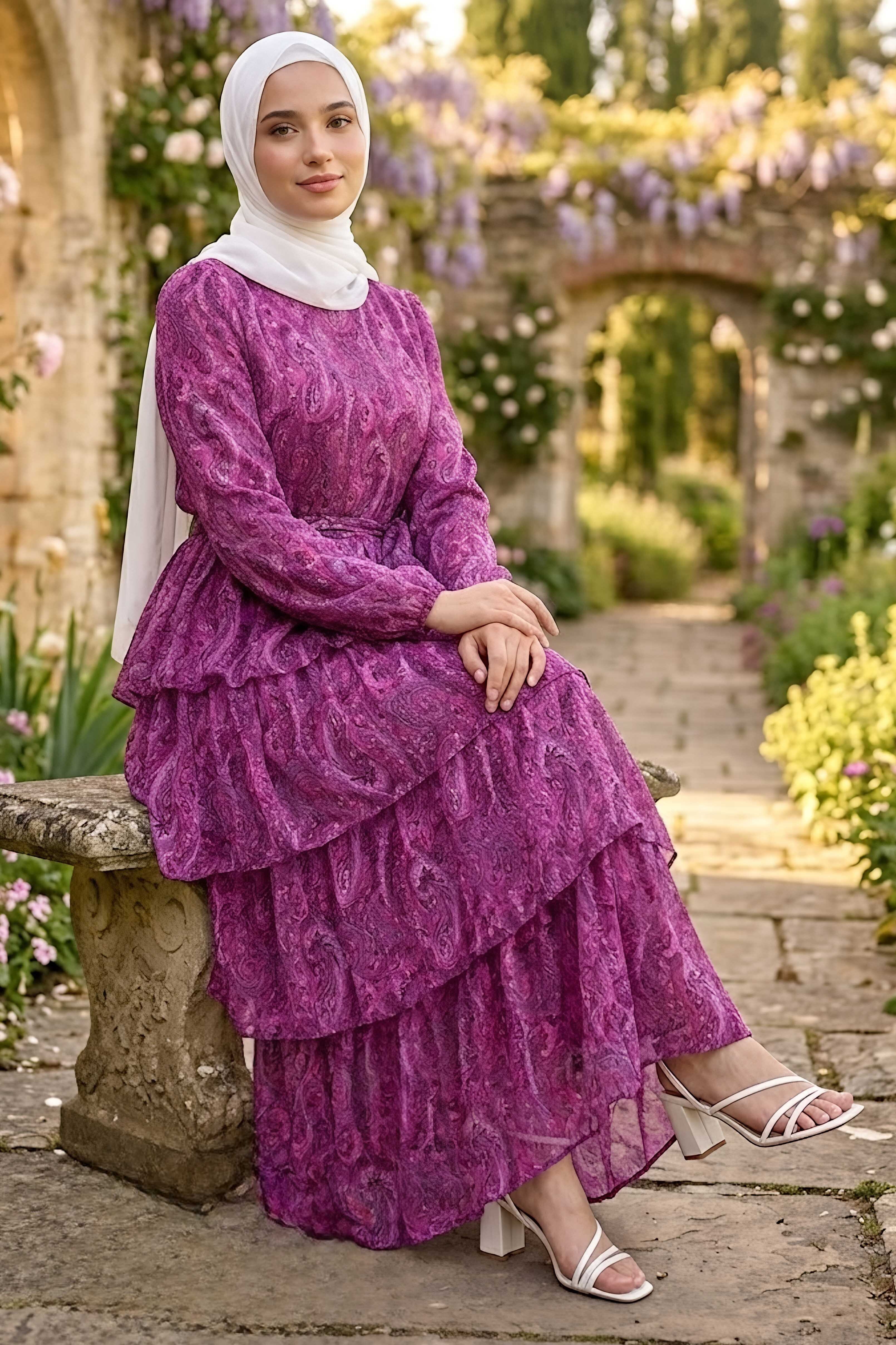 Desenli Tokalı Şifon Elbise Mor - 28719-MOR - 1