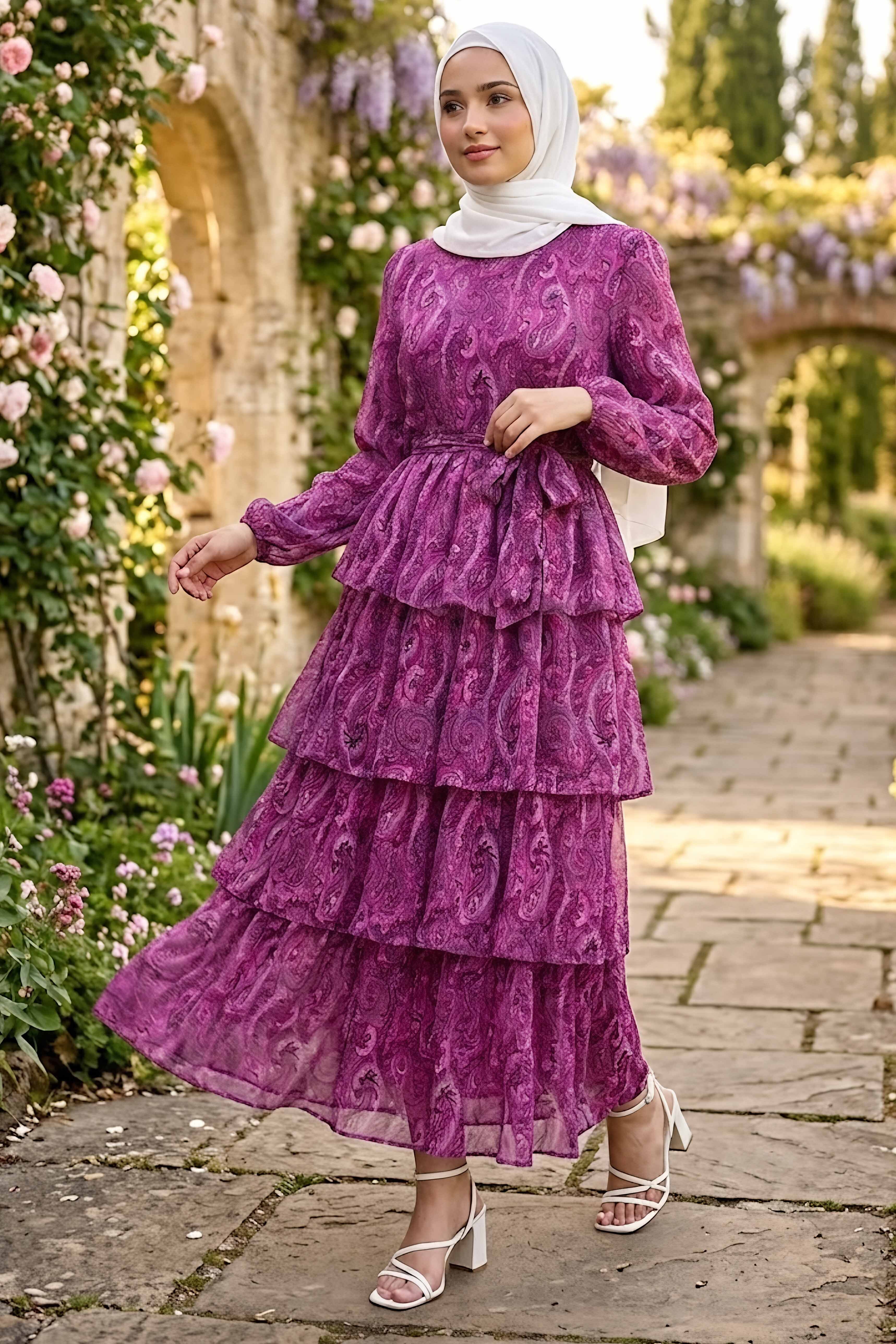 Desenli Tokalı Şifon Elbise Mor - 28719-MOR - 2