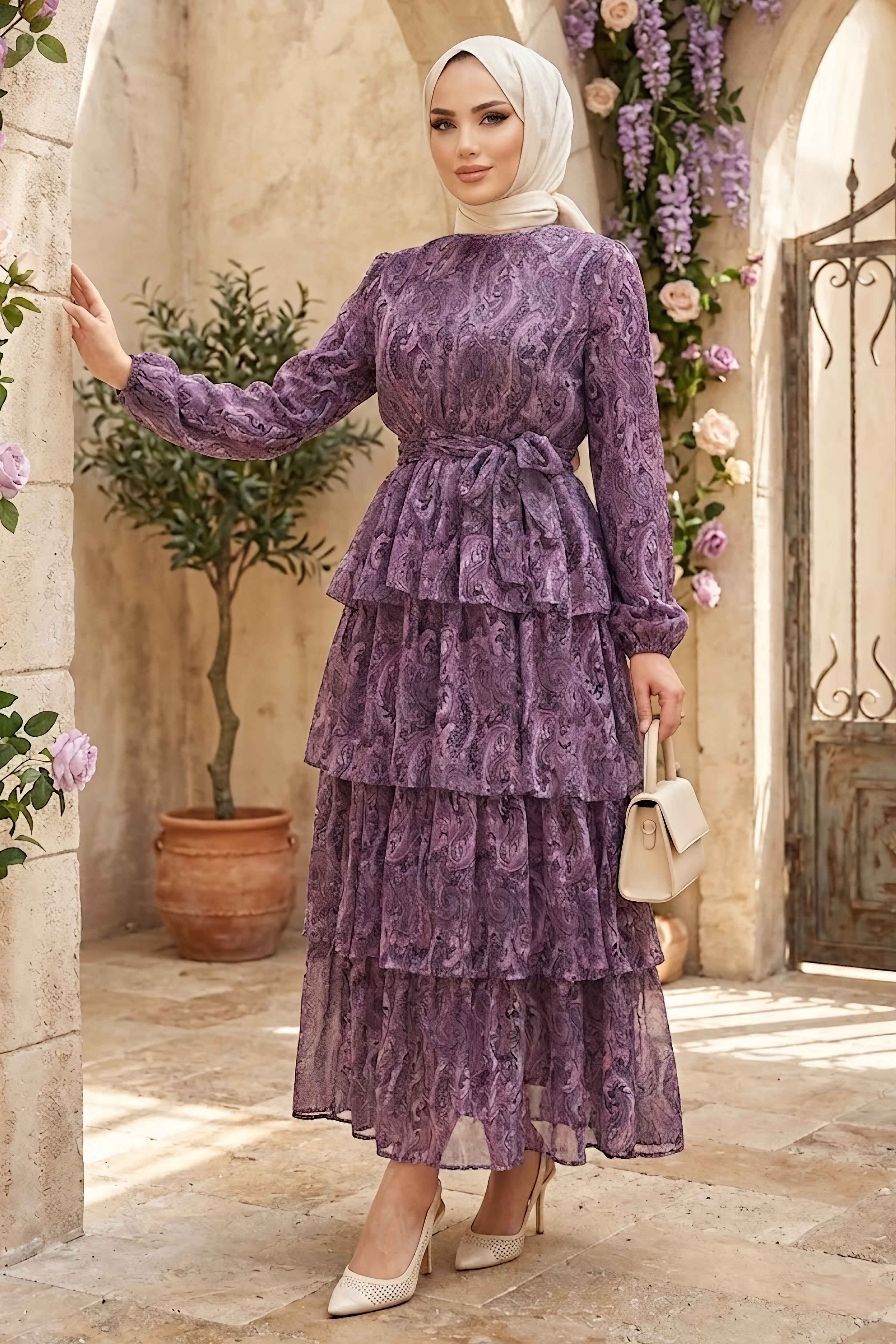 Desenli Tokalı Şifon Elbise Mürdüm - 28719-MURDUM - 2