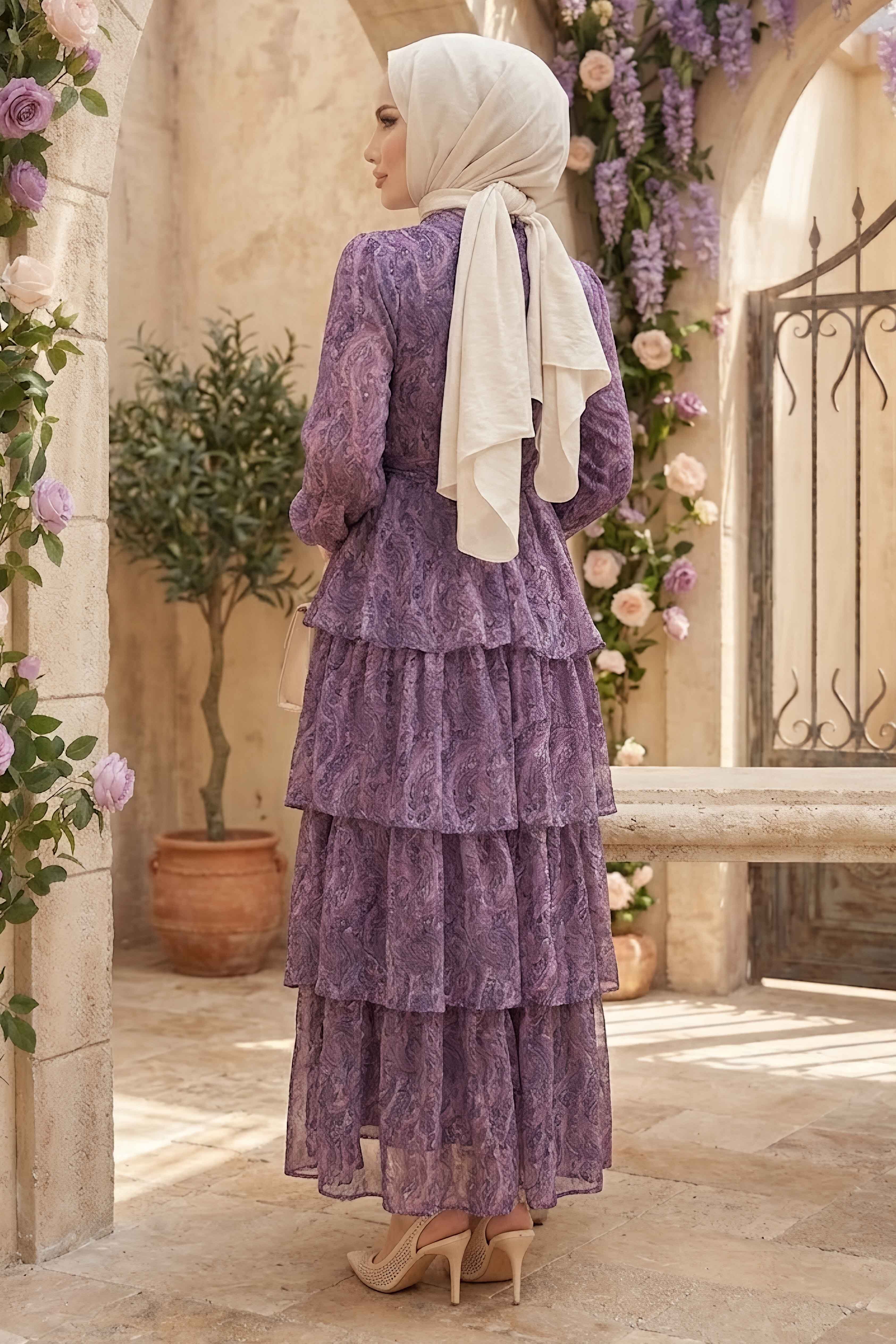 Desenli Tokalı Şifon Elbise Mürdüm - 28719-MURDUM - 3