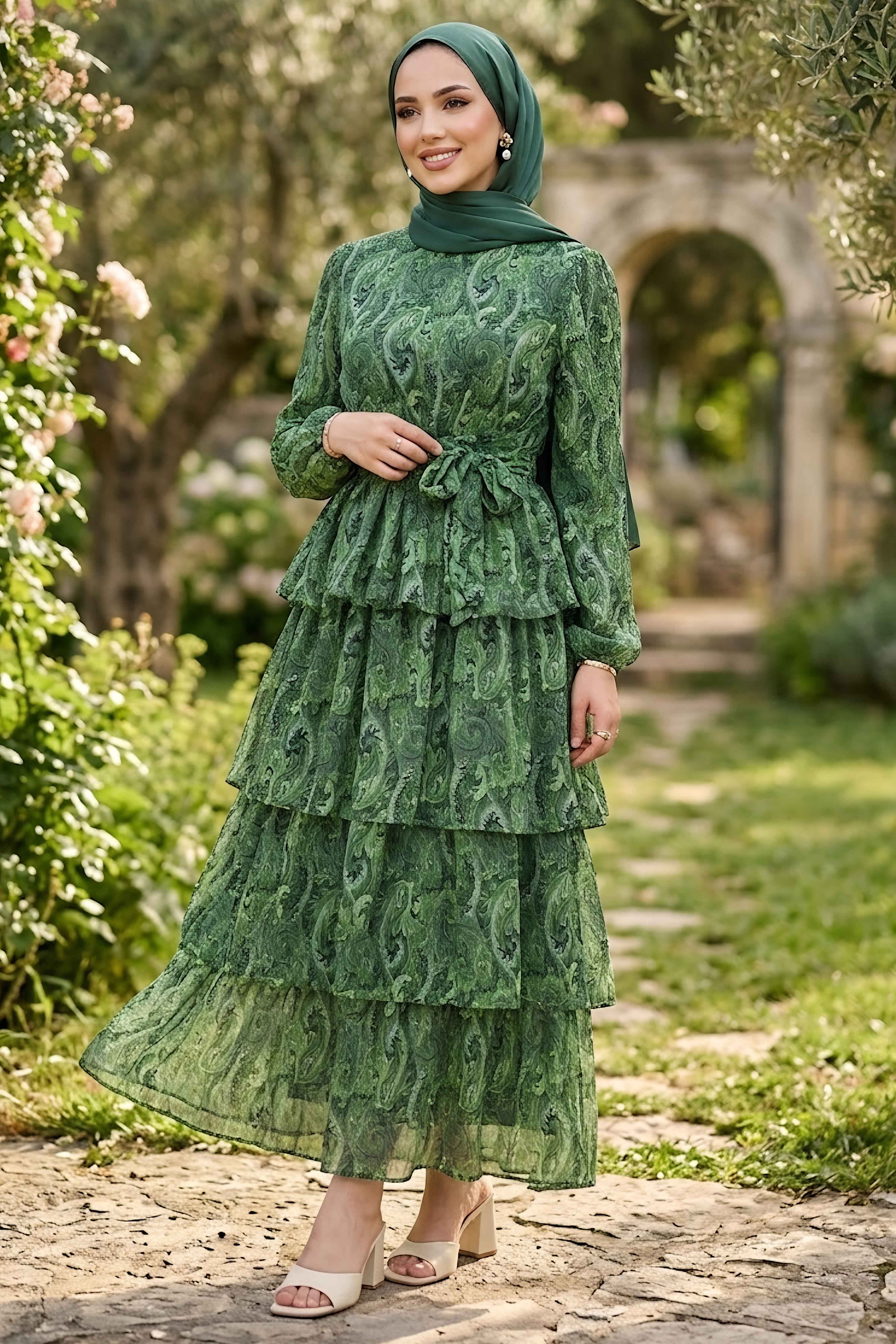 Desenli Tokalı Şifon Elbise Yeşil - 28719-YESIL - 1