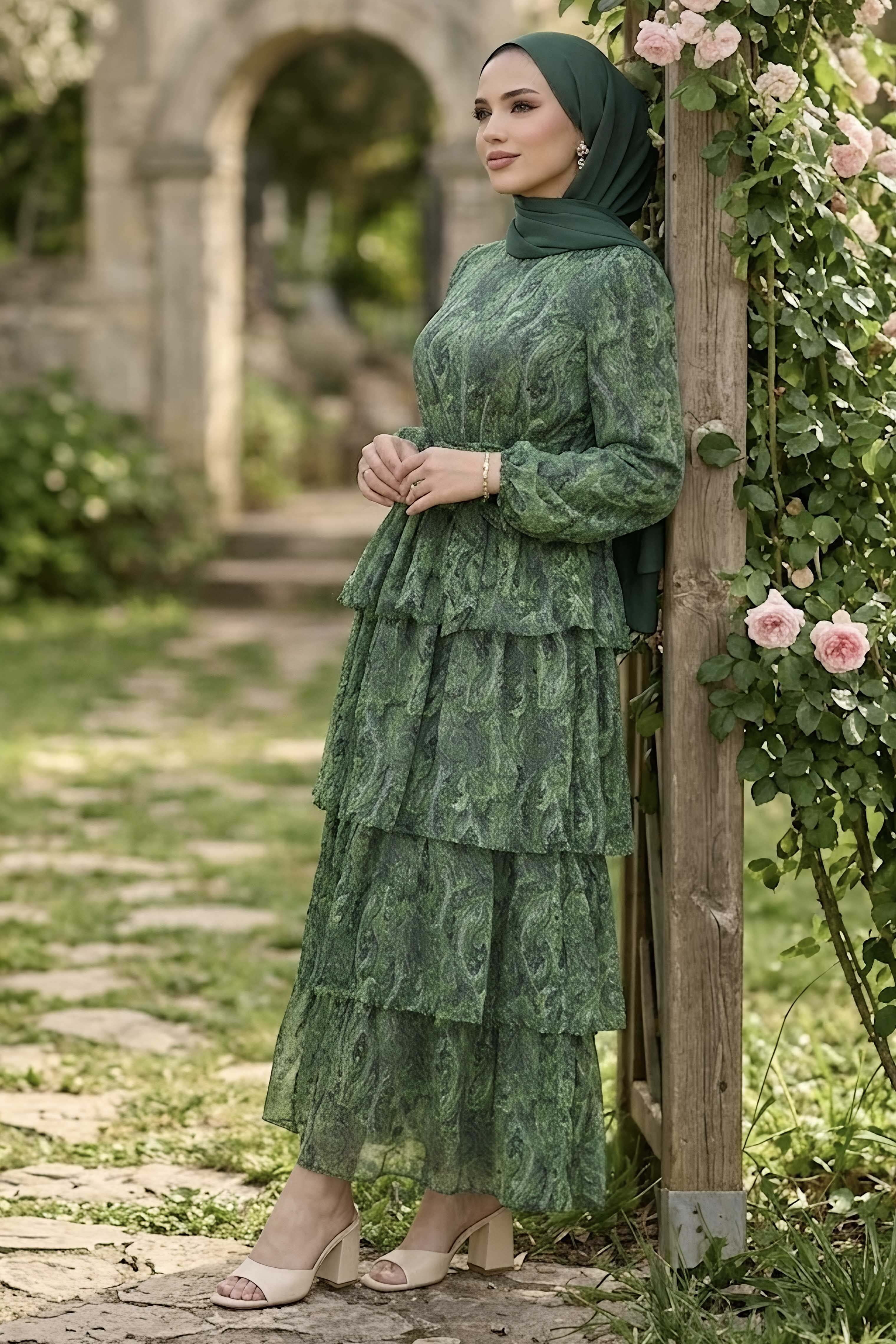Desenli Tokalı Şifon Elbise Yeşil - 28719-YESIL - 2