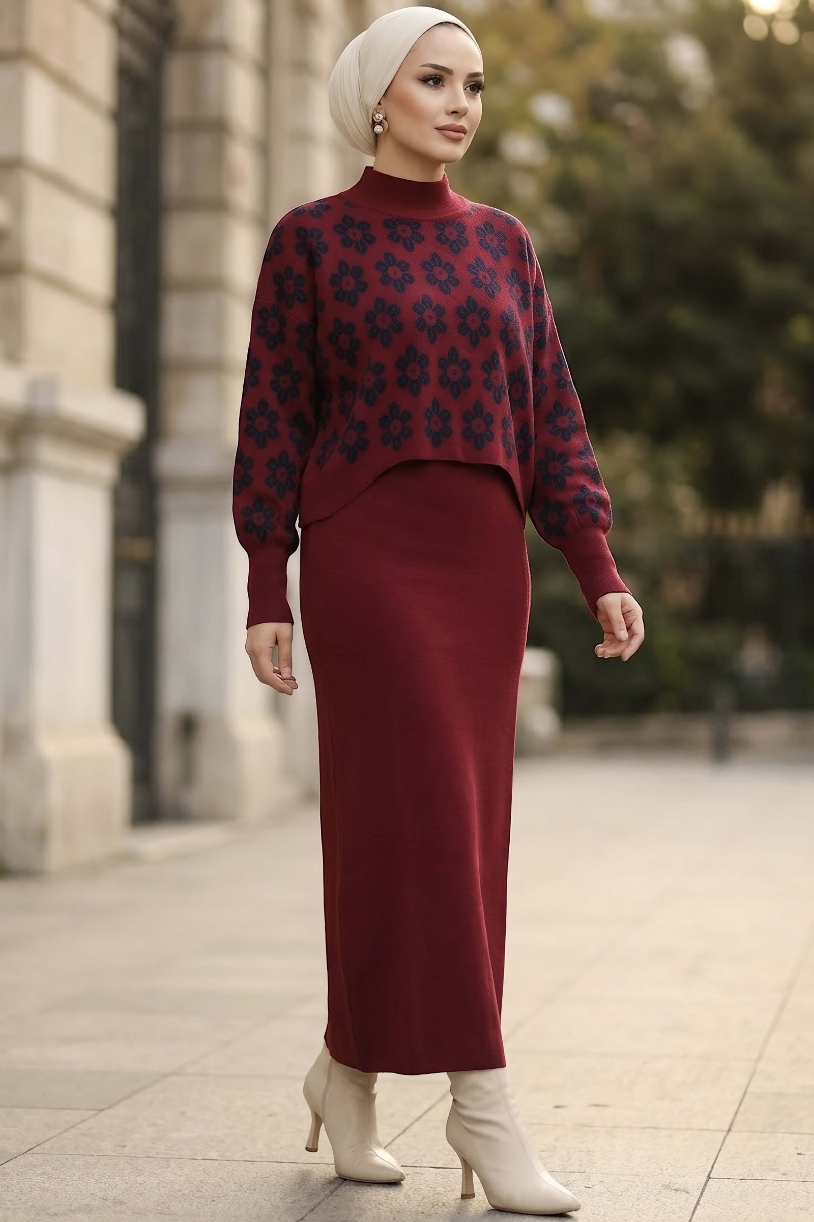 Desenli Triko Takım Bordo - 29132-BORDO - 1