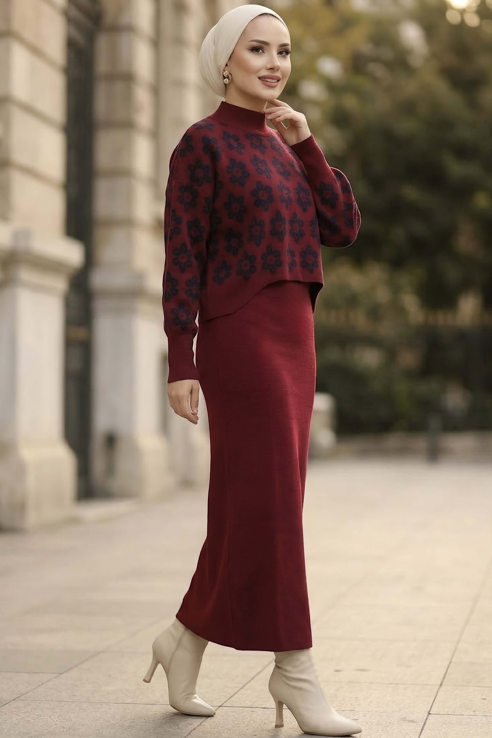 Desenli Triko Takım Bordo - 29132-BORDO - 2