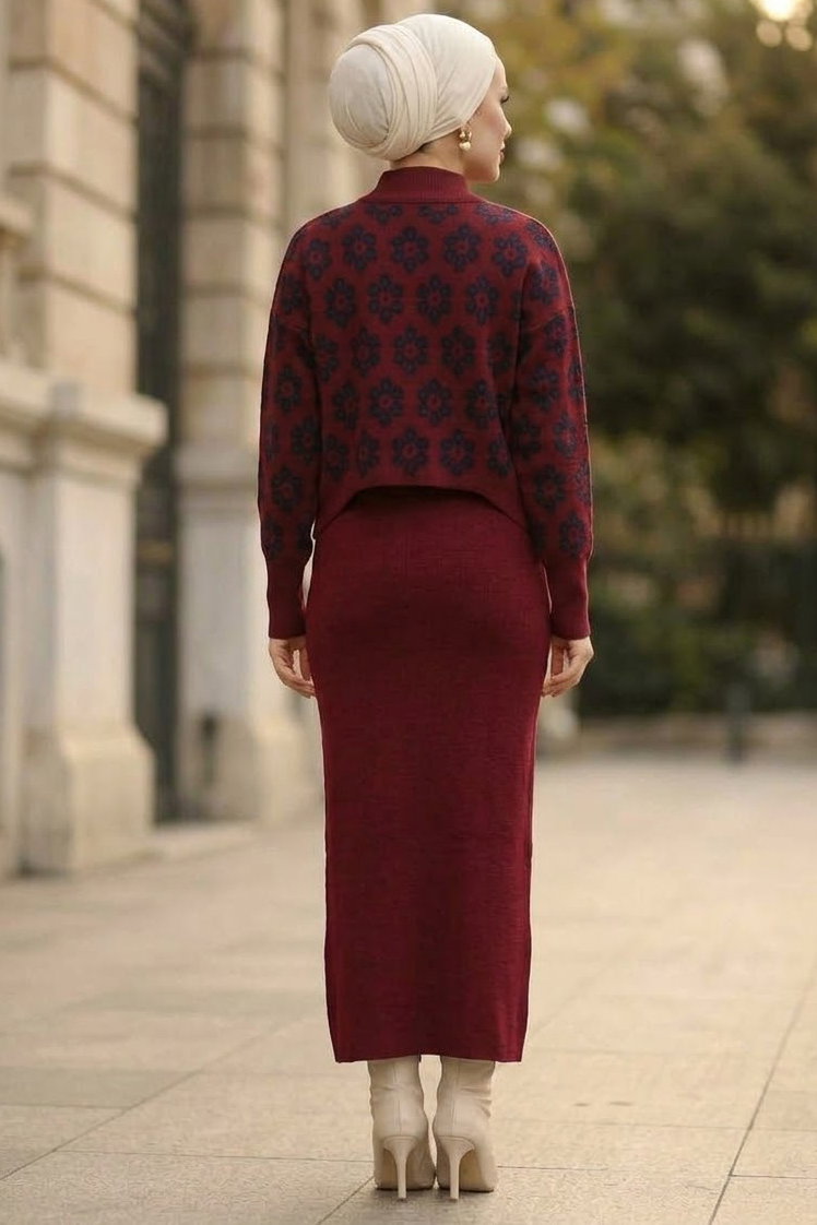 Desenli Triko Takım Bordo - 29132-BORDO - 3