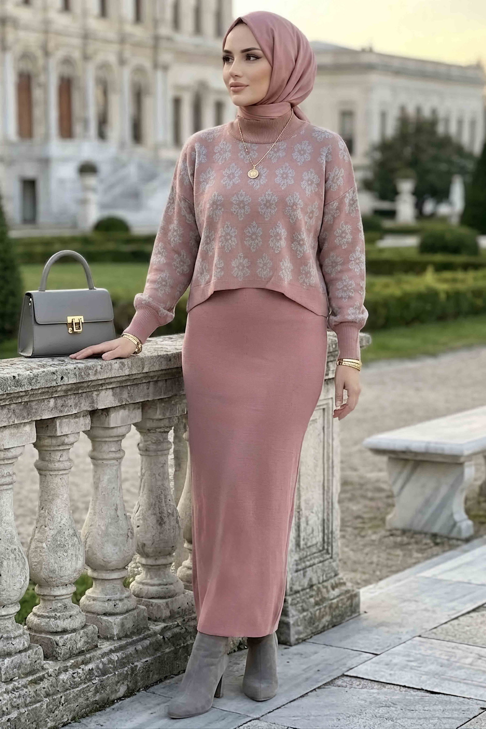 Desenli Triko Takım Gül Gri - 29132-GUL-GRI - 1
