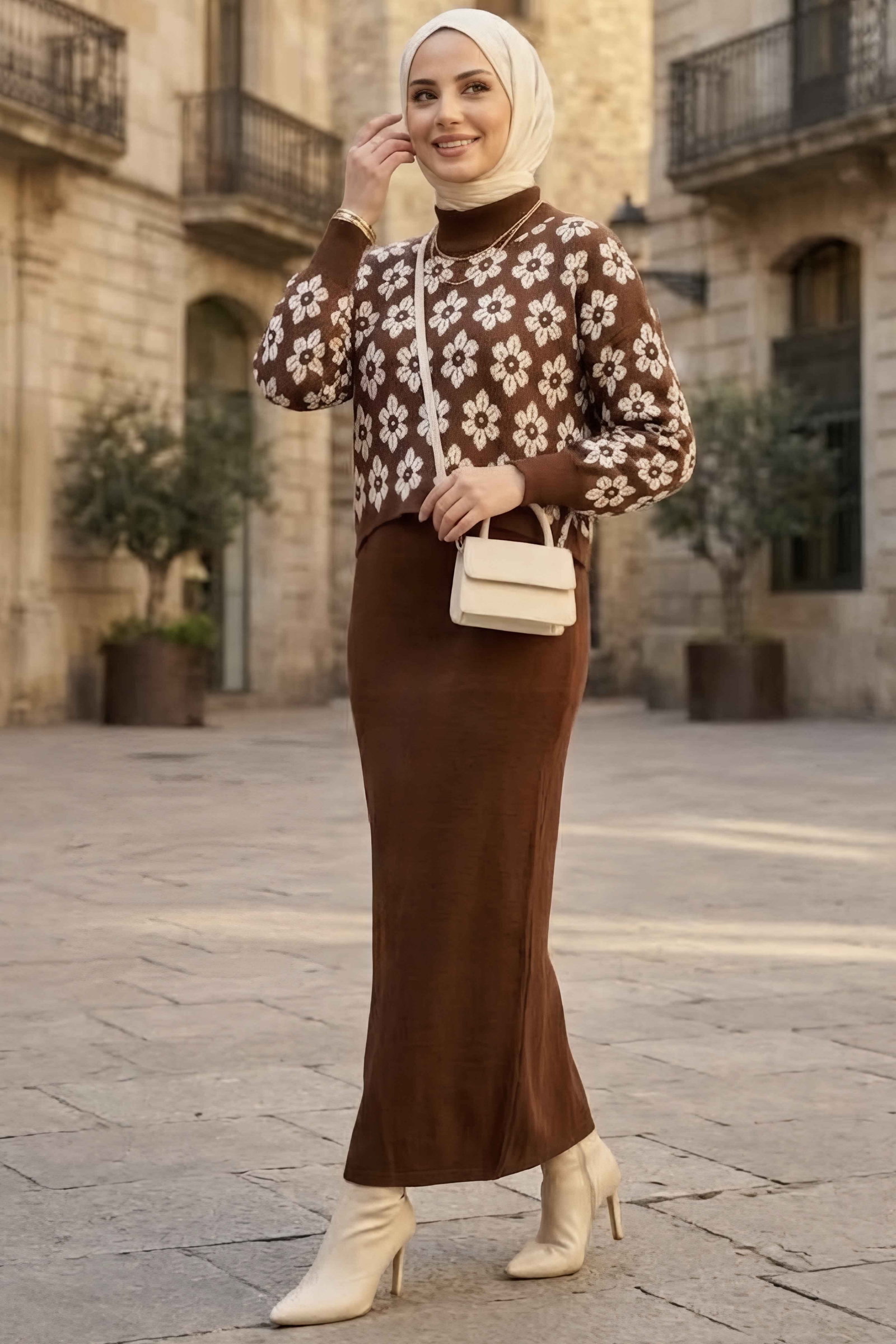 Desenli Triko Takım Kahve - 29132-KAHVE - 1