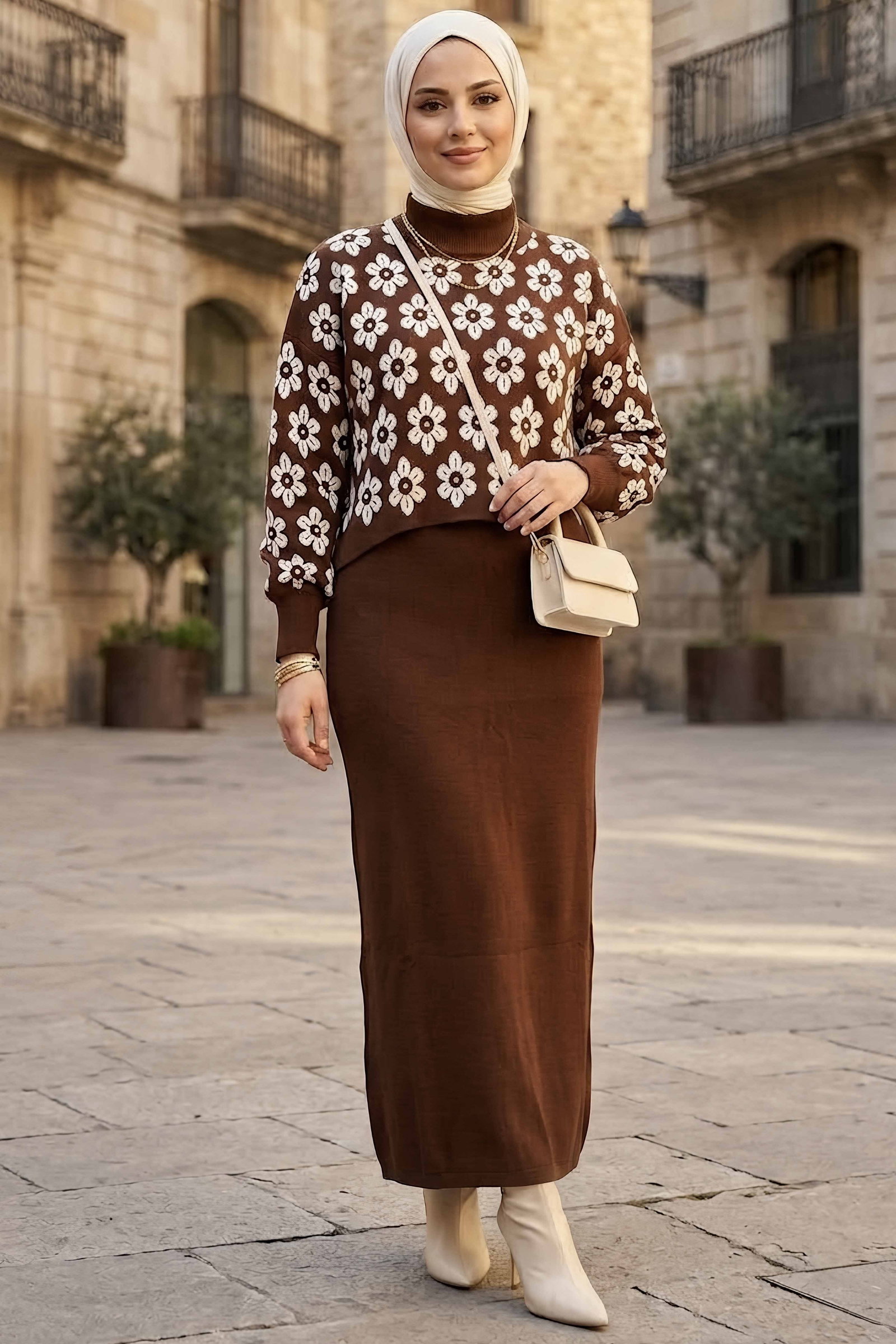 Desenli Triko Takım Kahve - 29132-KAHVE - 2