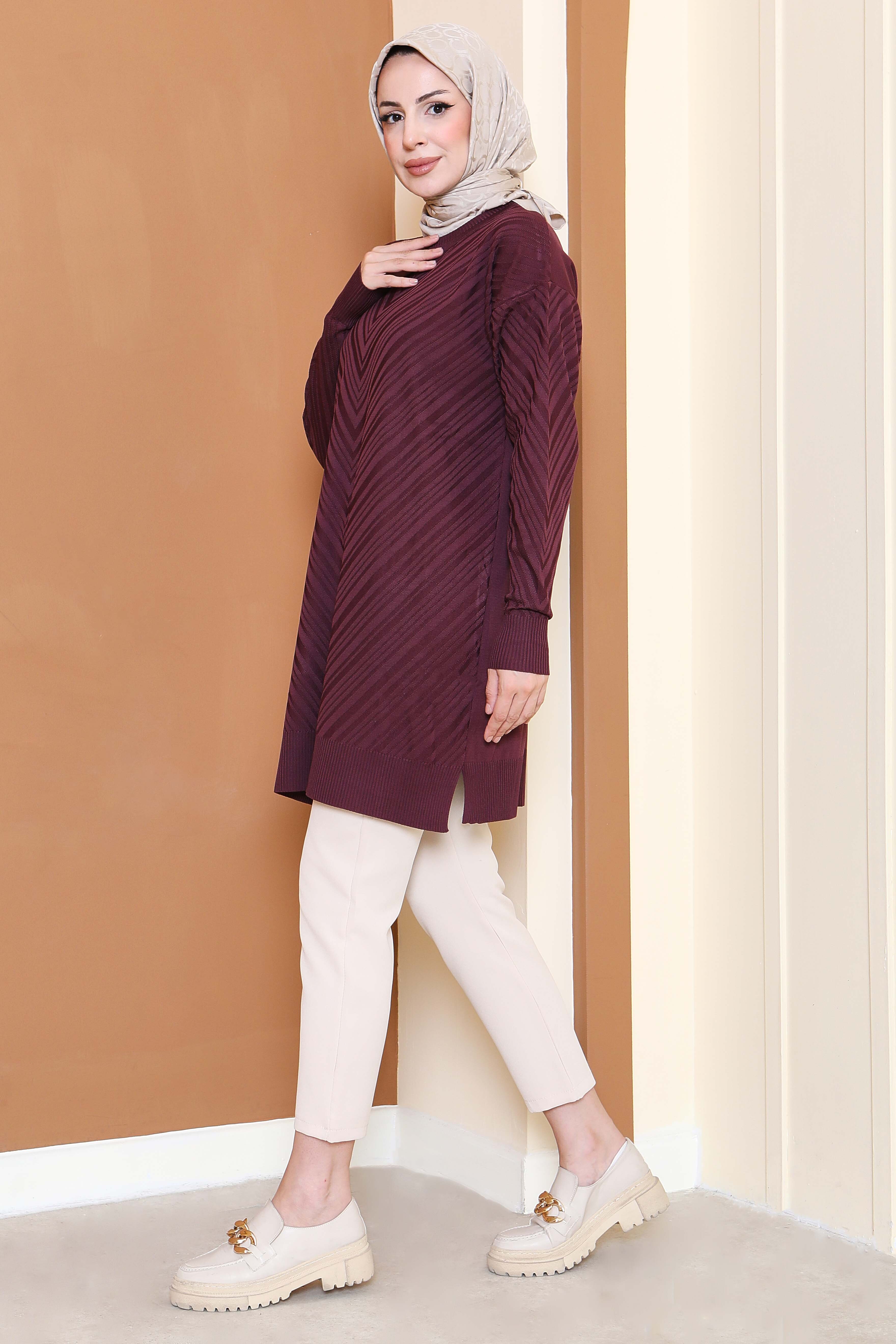 Desenli Triko Tunik - 27794-BORDO - 1