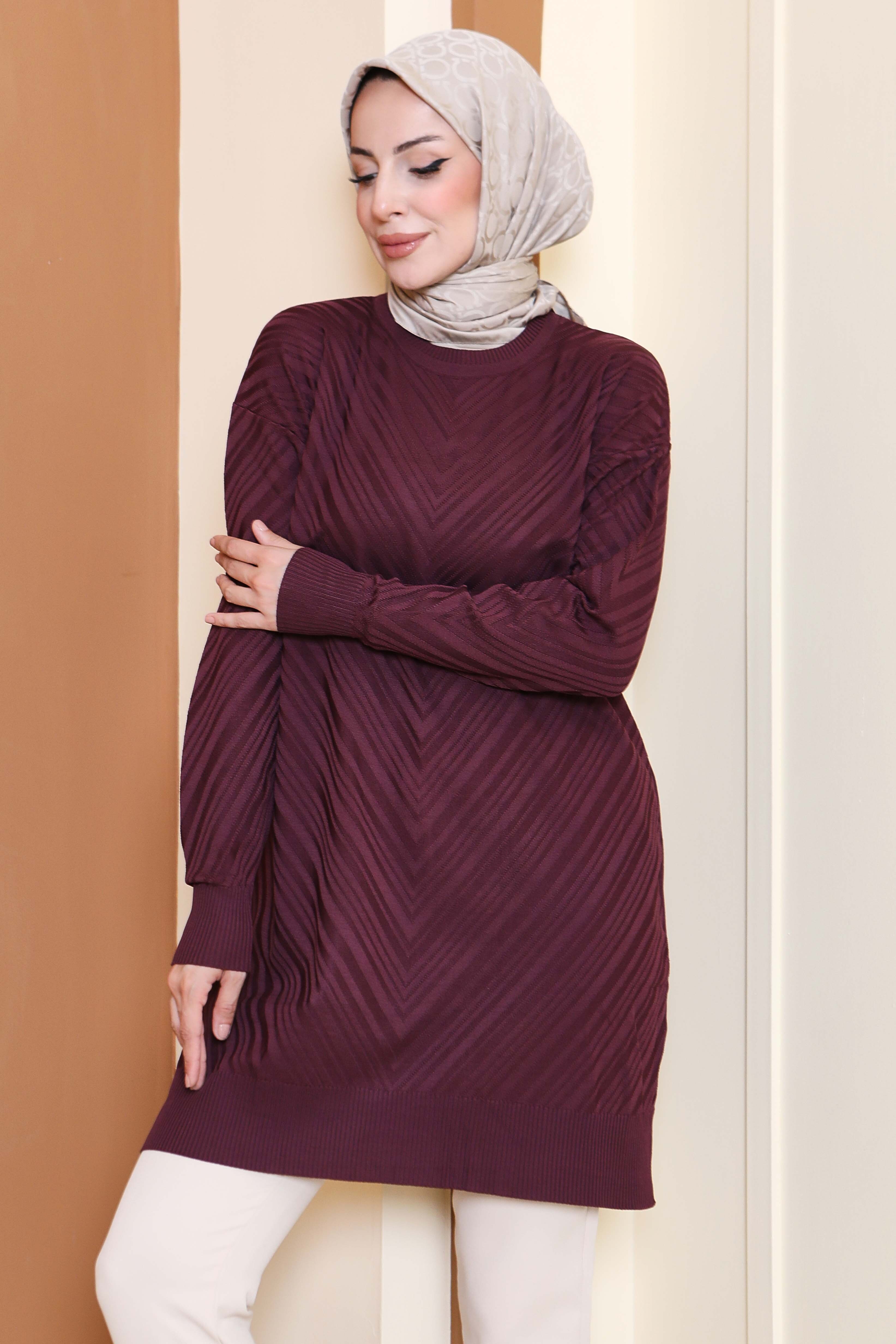 Desenli Triko Tunik - 27794-BORDO - 2
