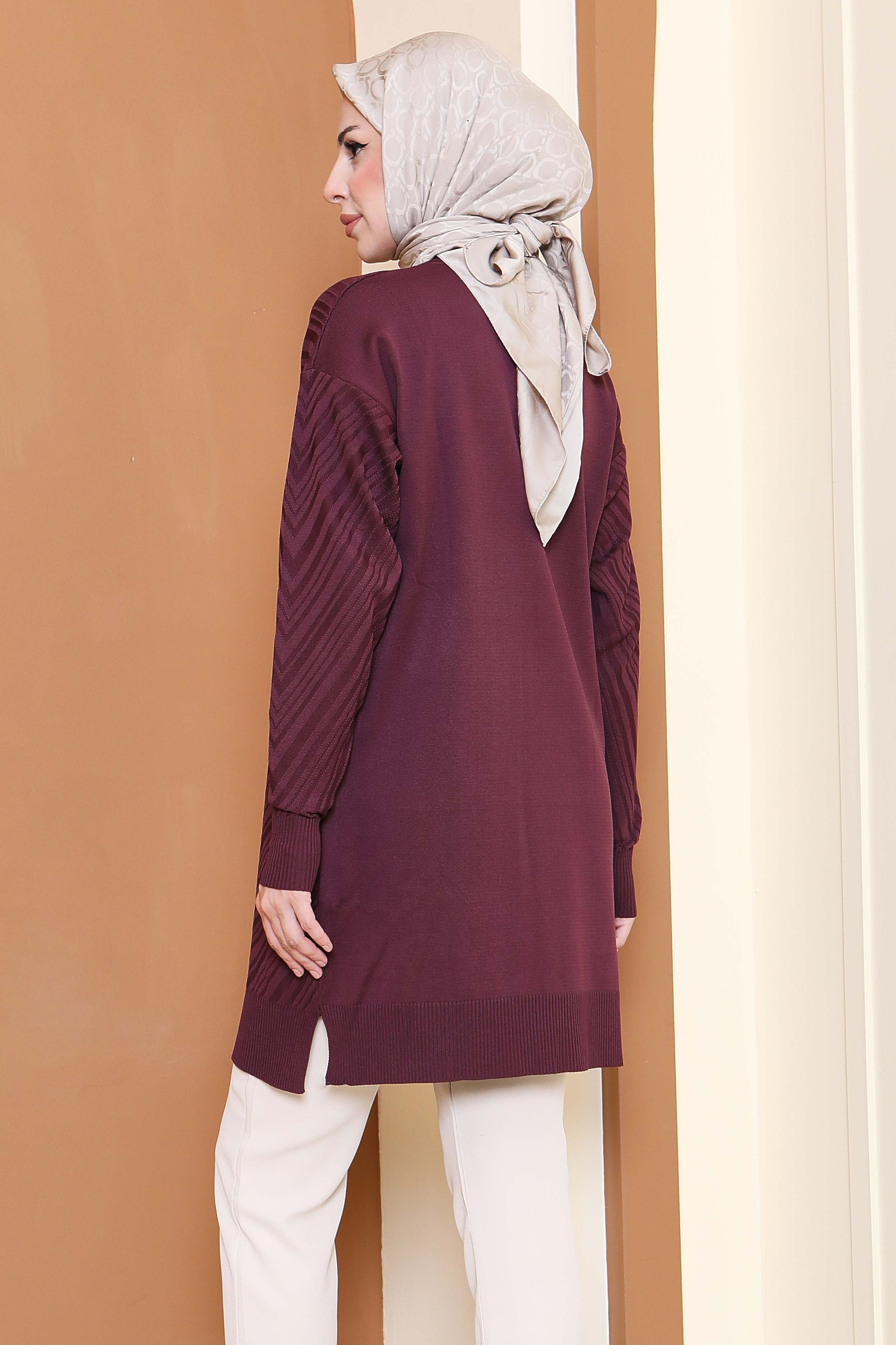 Desenli Triko Tunik - 27794-BORDO - 4