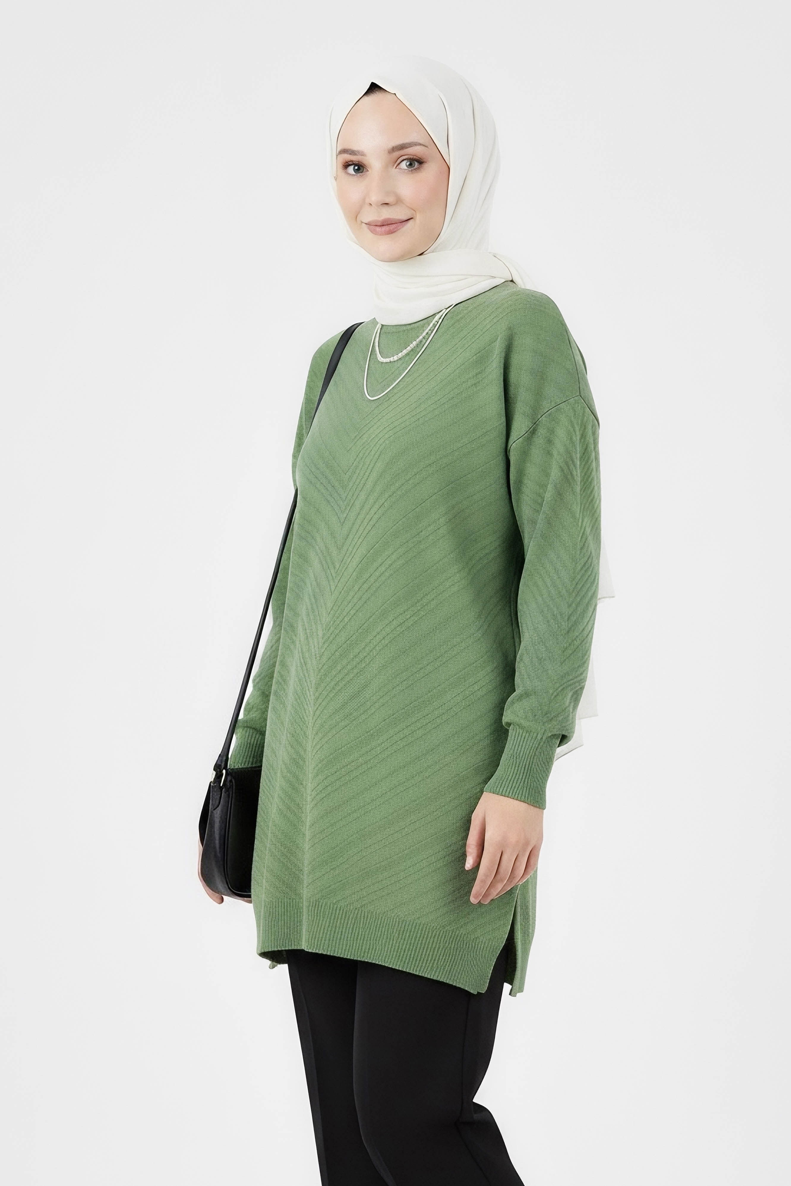 Desenli Triko Tunik - 27794-FISTIKYESILI - 1