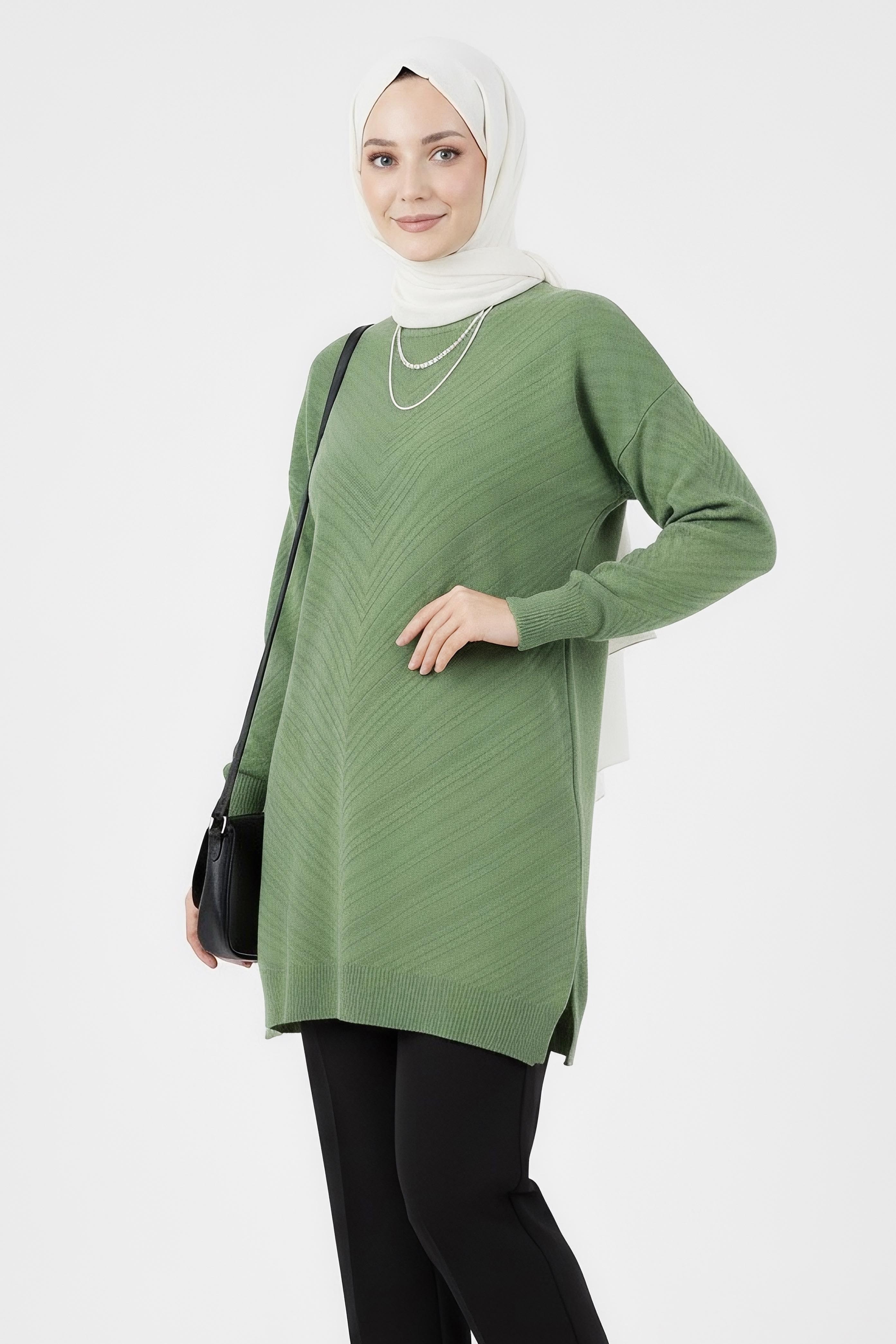Desenli Triko Tunik - 27794-FISTIKYESILI - 2