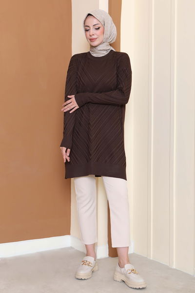 Desenli Triko Tunik - 27794-KAHVE 
