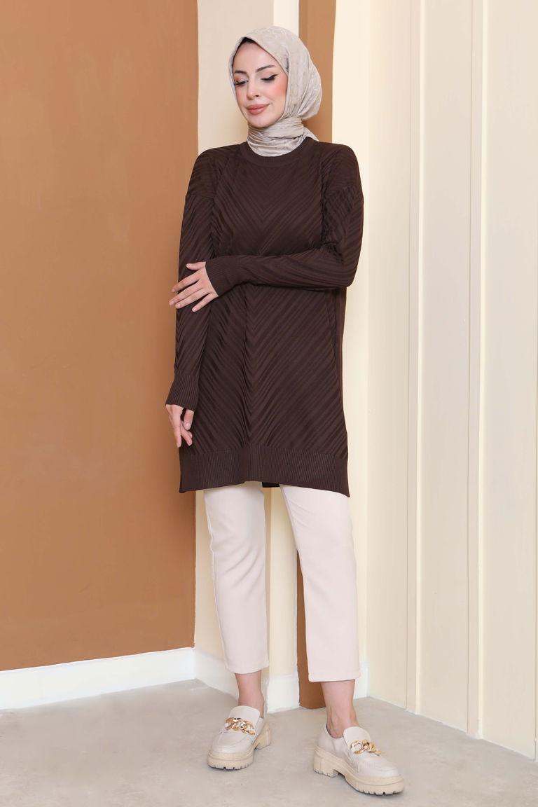 Desenli Triko Tunik - 27794-KAHVE - TOFİSA