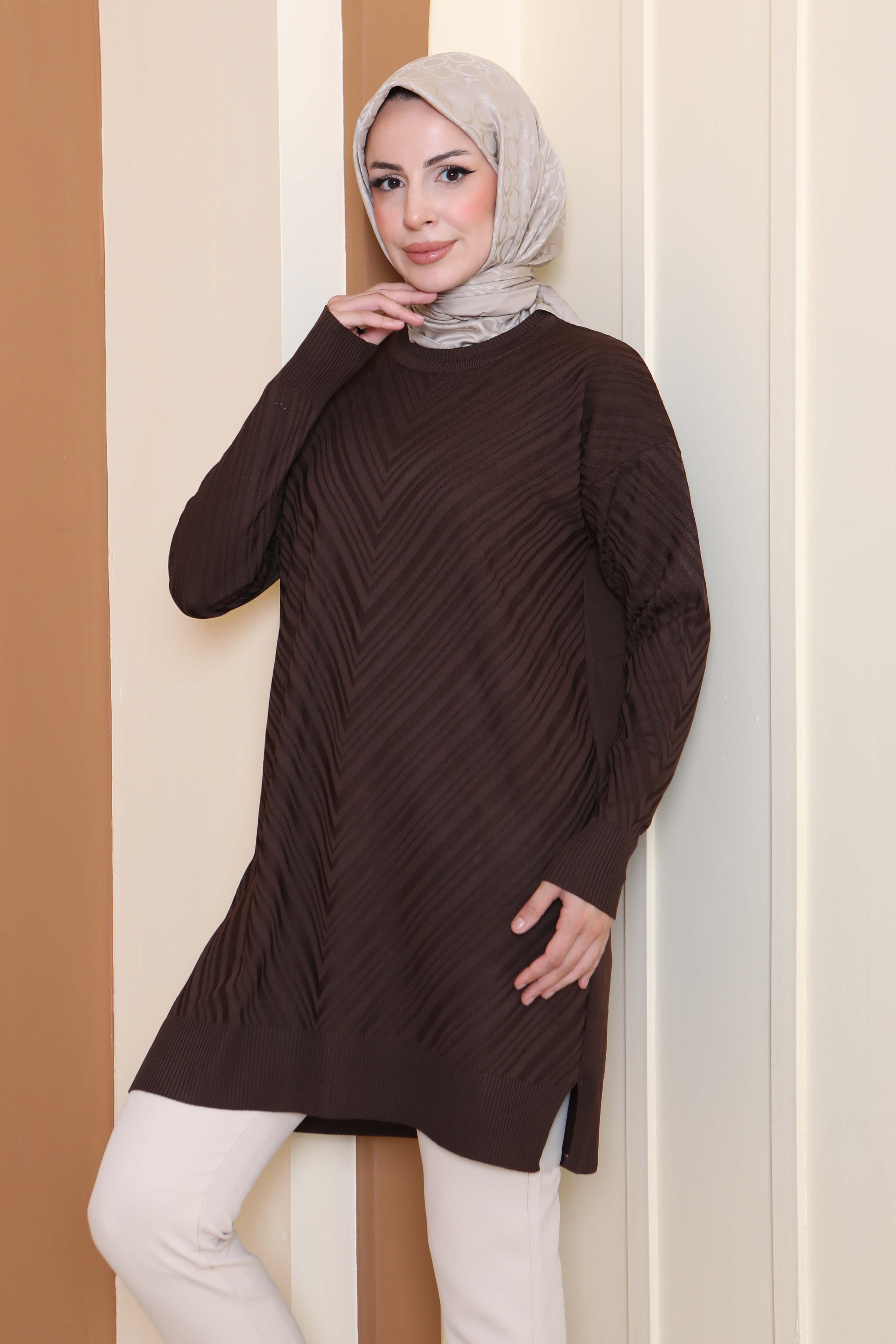 Desenli Triko Tunik - 27794-KAHVE - 2