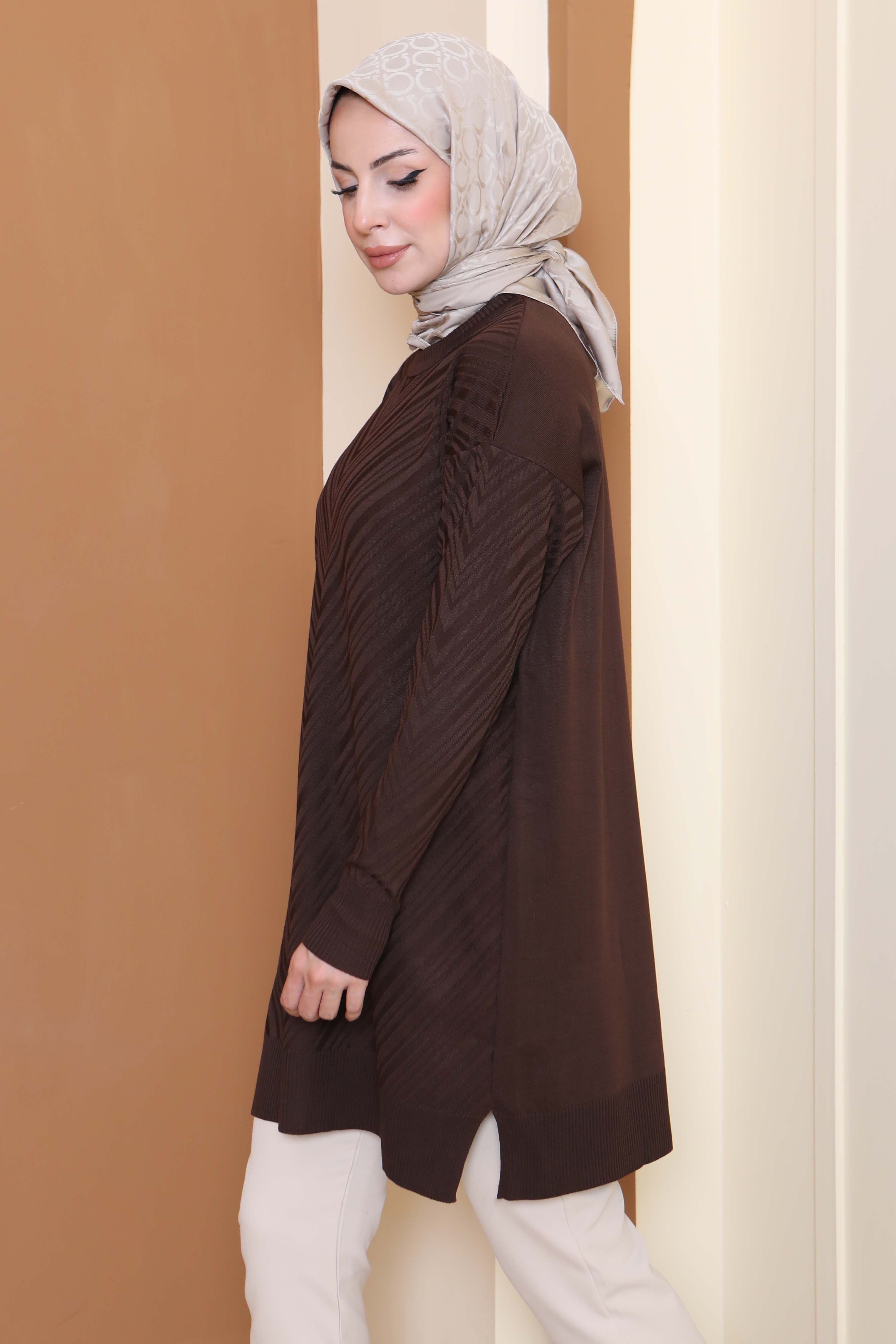 Desenli Triko Tunik - 27794-KAHVE - 3