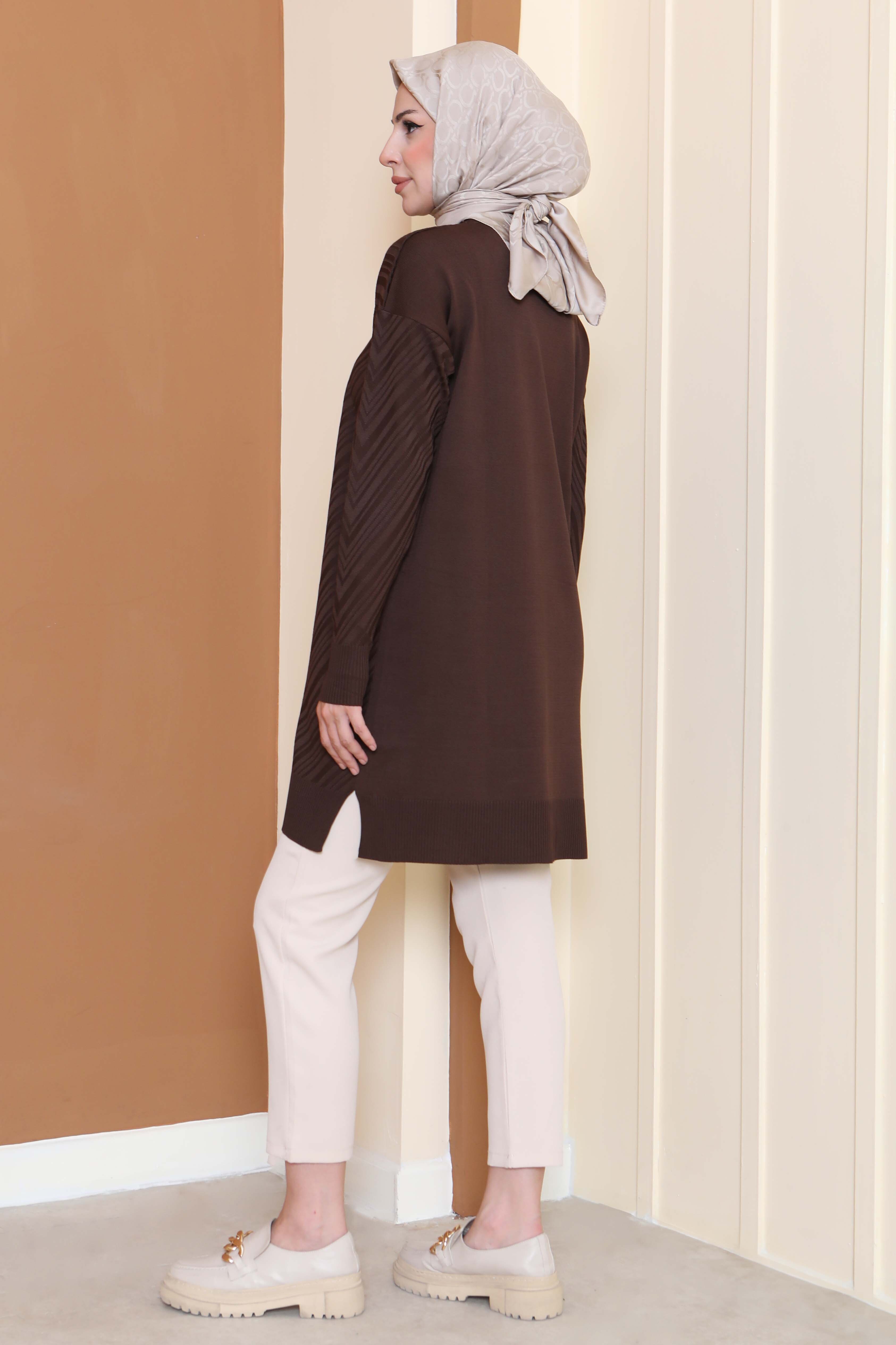 Desenli Triko Tunik - 27794-KAHVE - 4