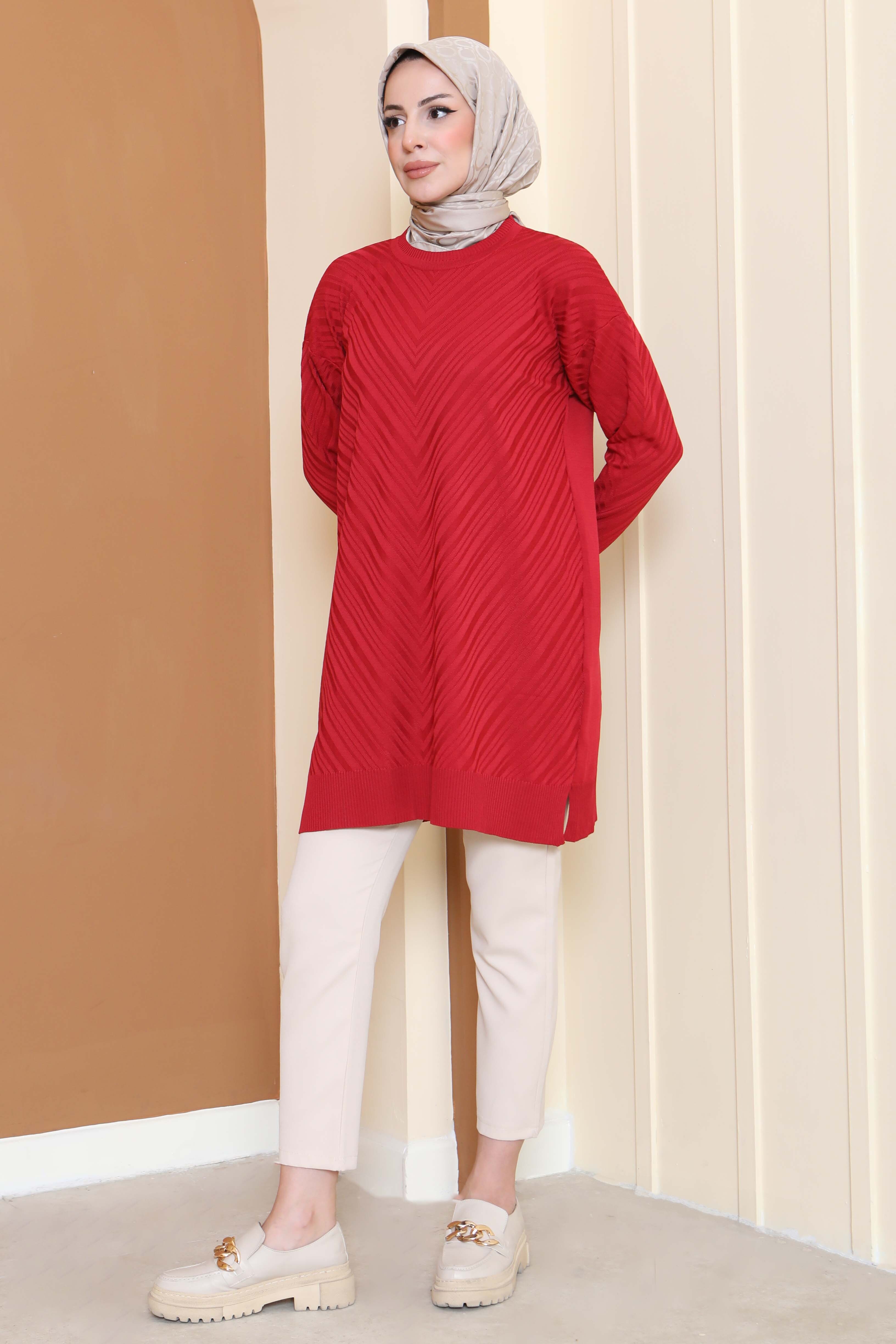 Desenli Triko Tunik - 27794-KIRMIZI - 2