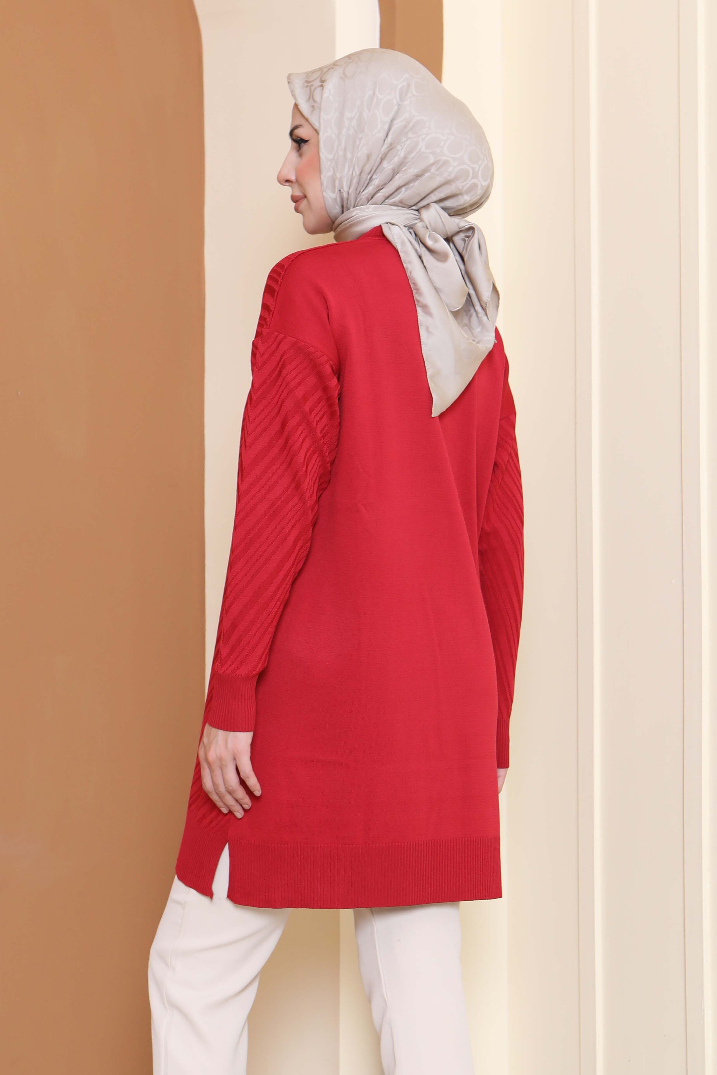 Desenli Triko Tunik - 27794-KIRMIZI - 4