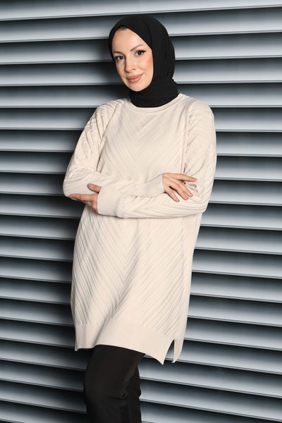 Desenli Triko Tunik - 27794-KREM 