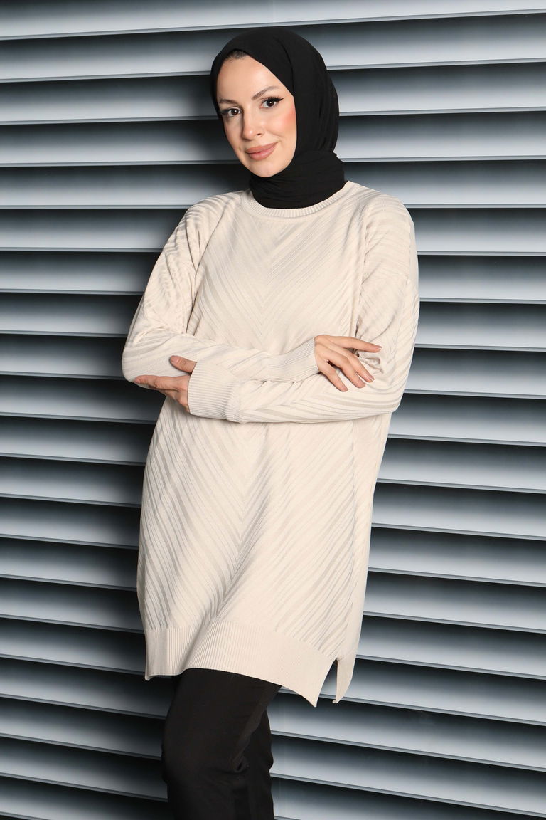 Desenli Triko Tunik - 27794-KREM - TOFİSA