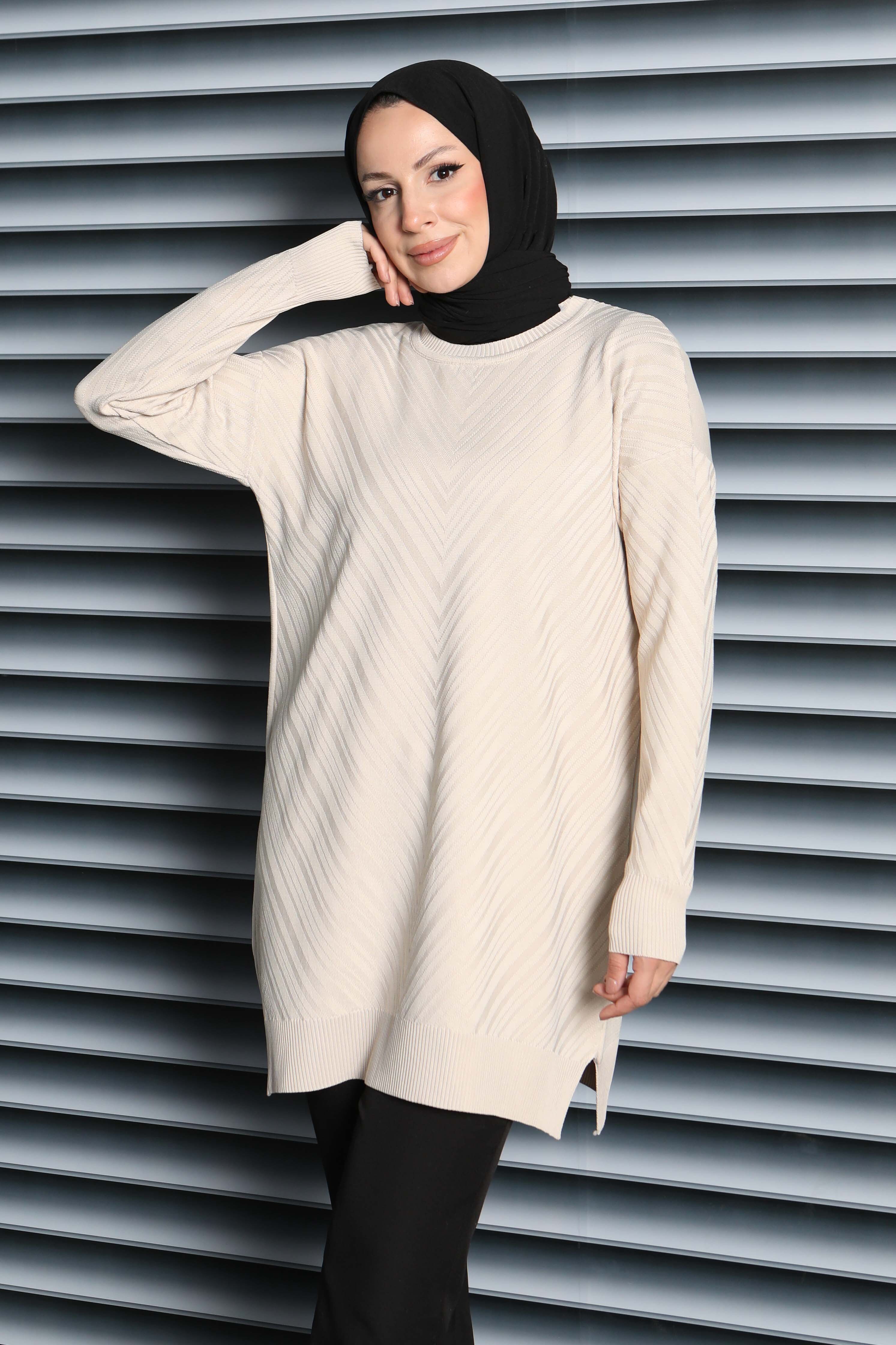 Desenli Triko Tunik - 27794-KREM - 2