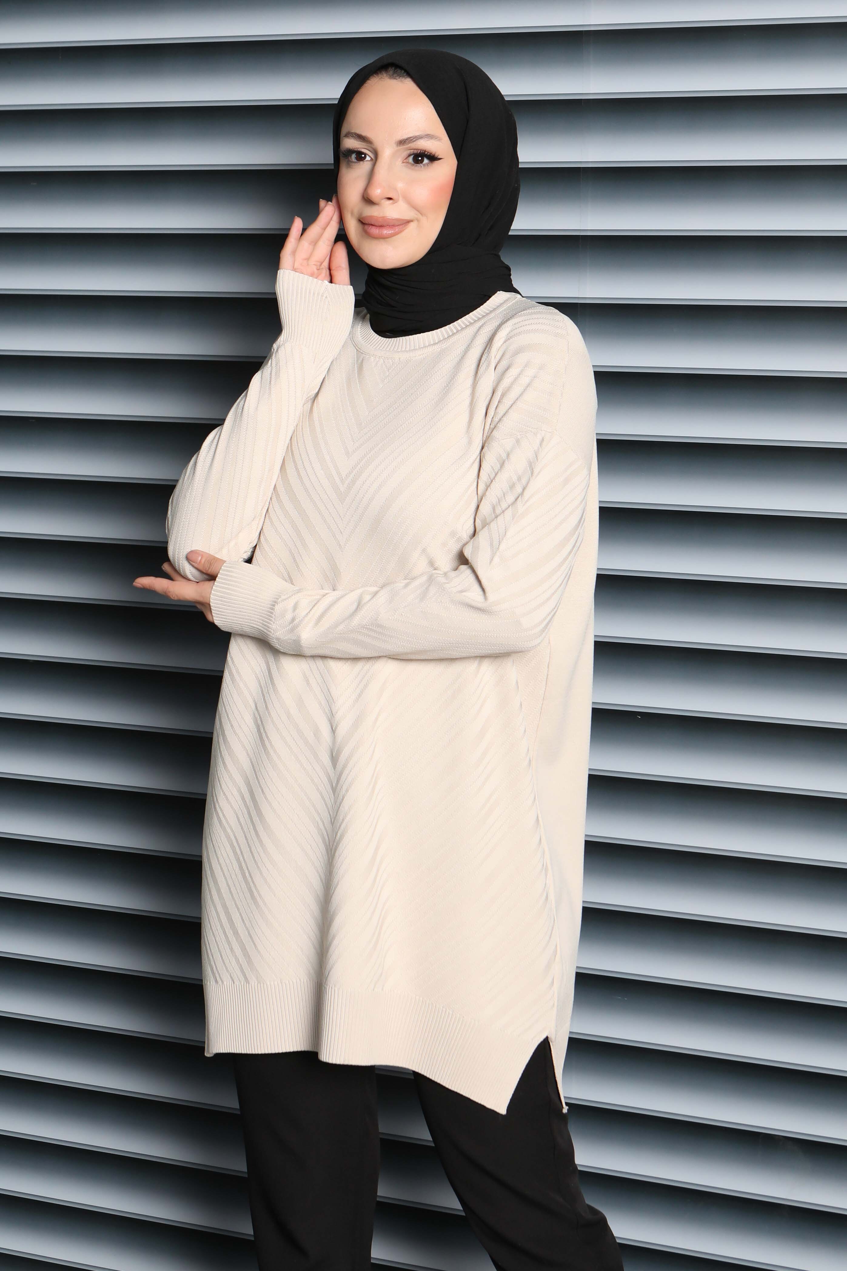 Desenli Triko Tunik - 27794-KREM - 3