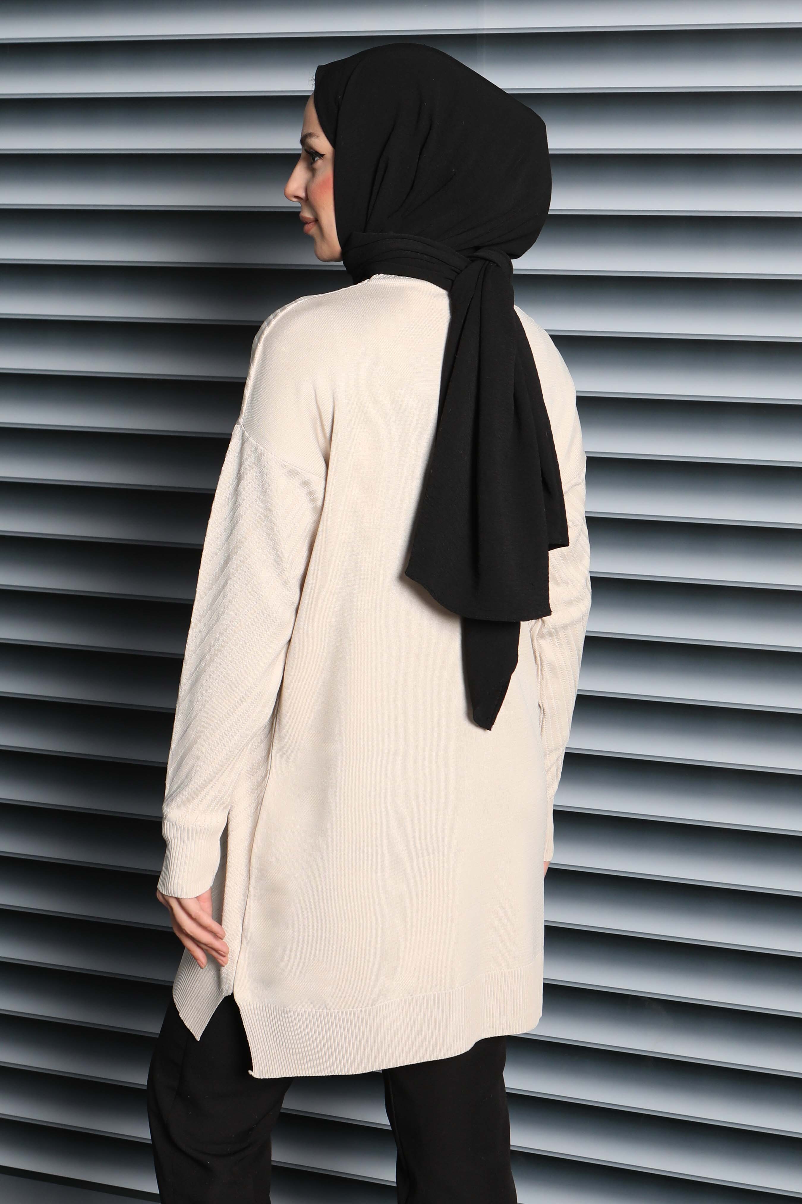 Desenli Triko Tunik - 27794-KREM - 4