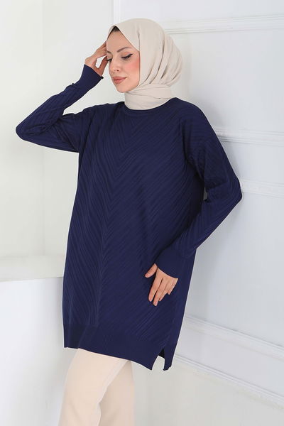 Desenli Triko Tunik - 27794-LACIVERT 