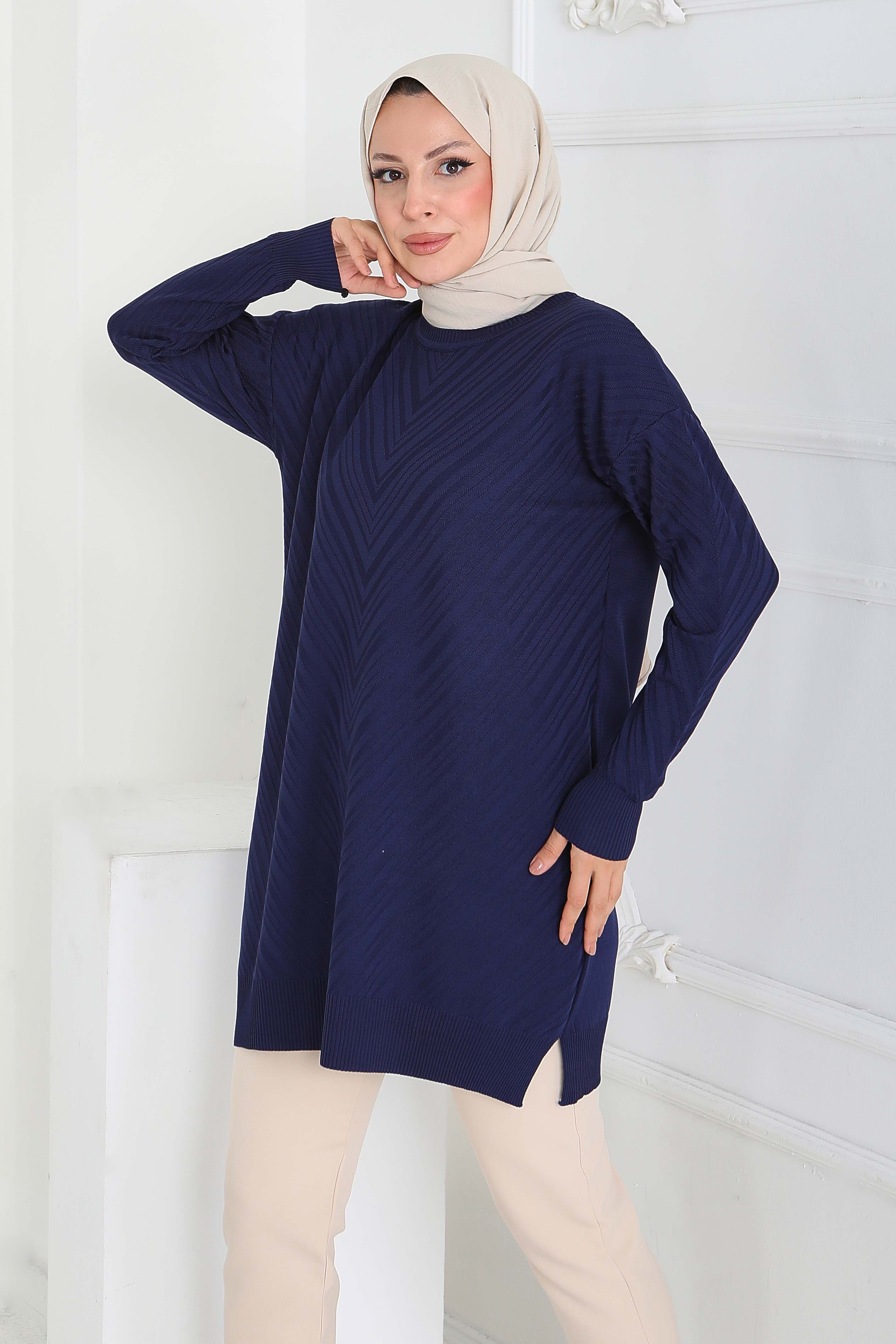 Desenli Triko Tunik - 27794-LACIVERT - 2