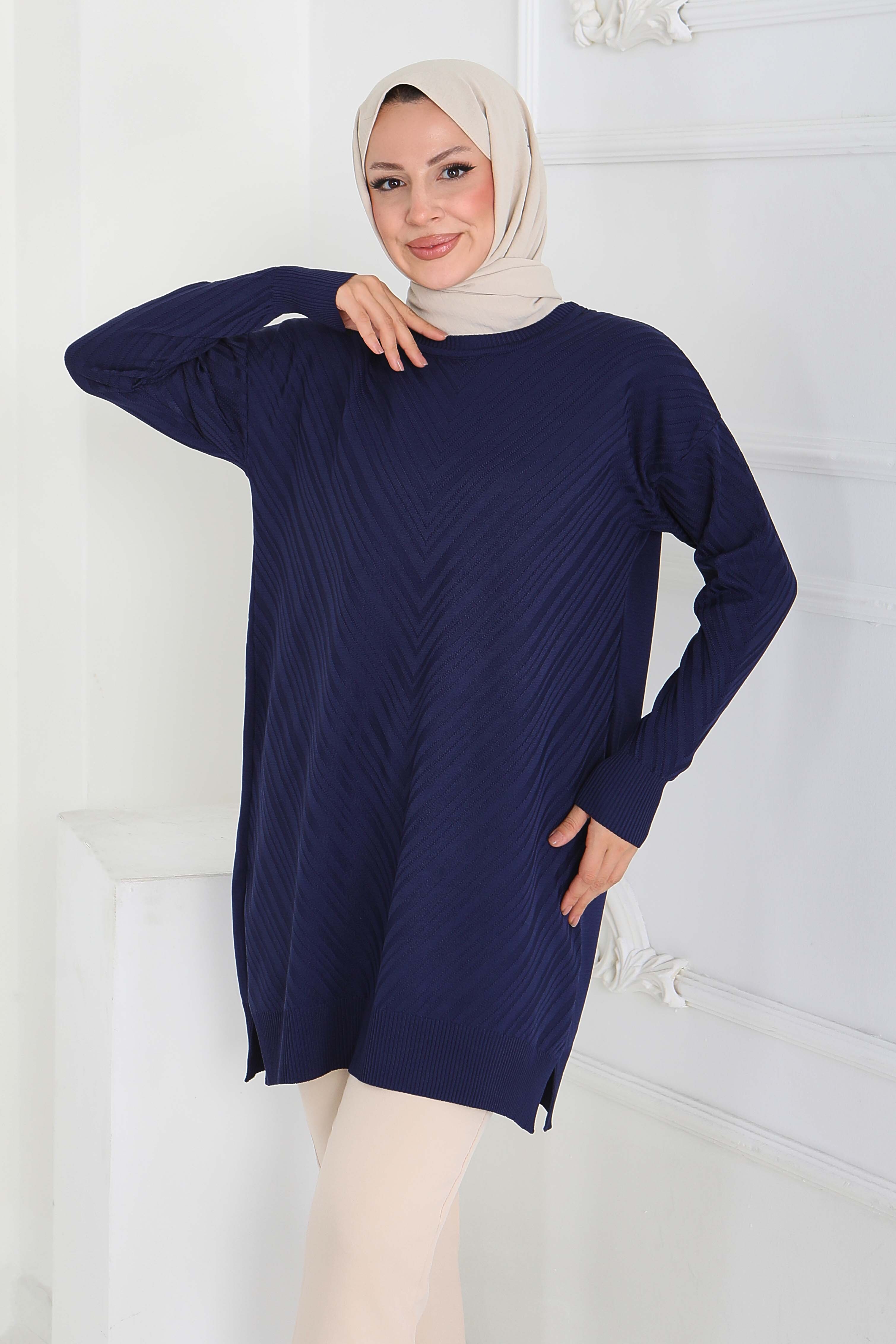 Desenli Triko Tunik - 27794-LACIVERT - 3