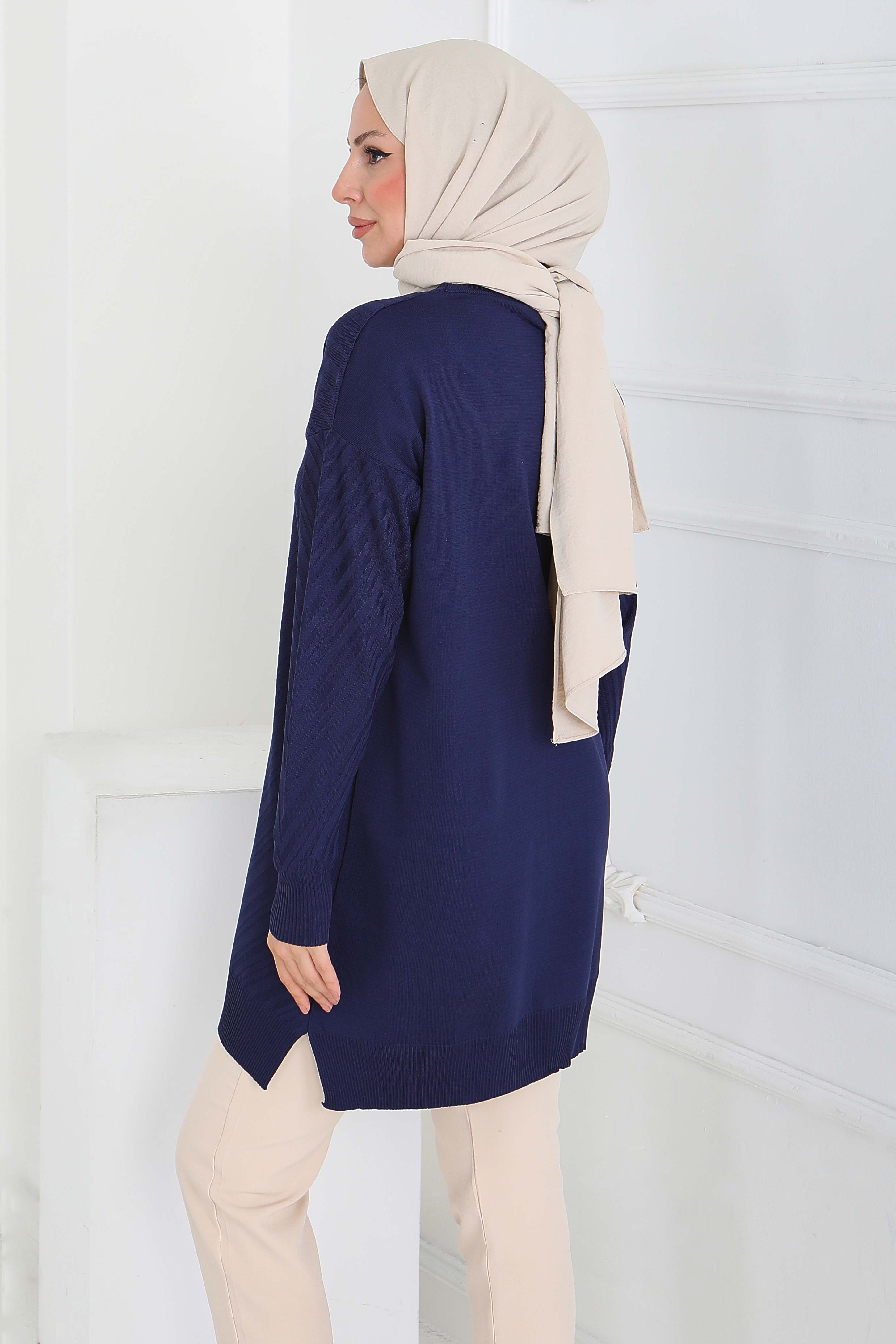 Desenli Triko Tunik - 27794-LACIVERT - 4