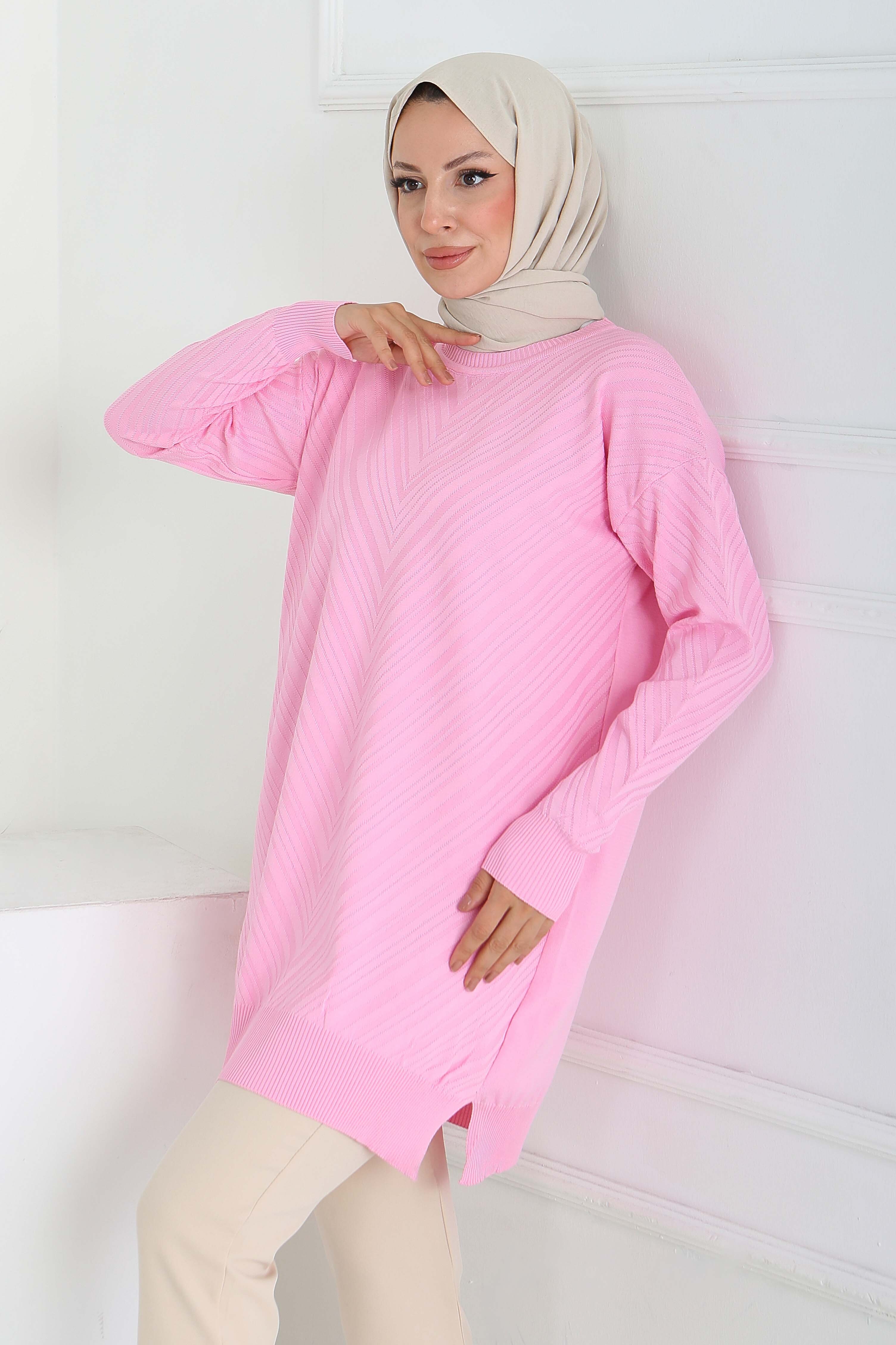 Desenli Triko Tunik - 27794-PEMBE - 1