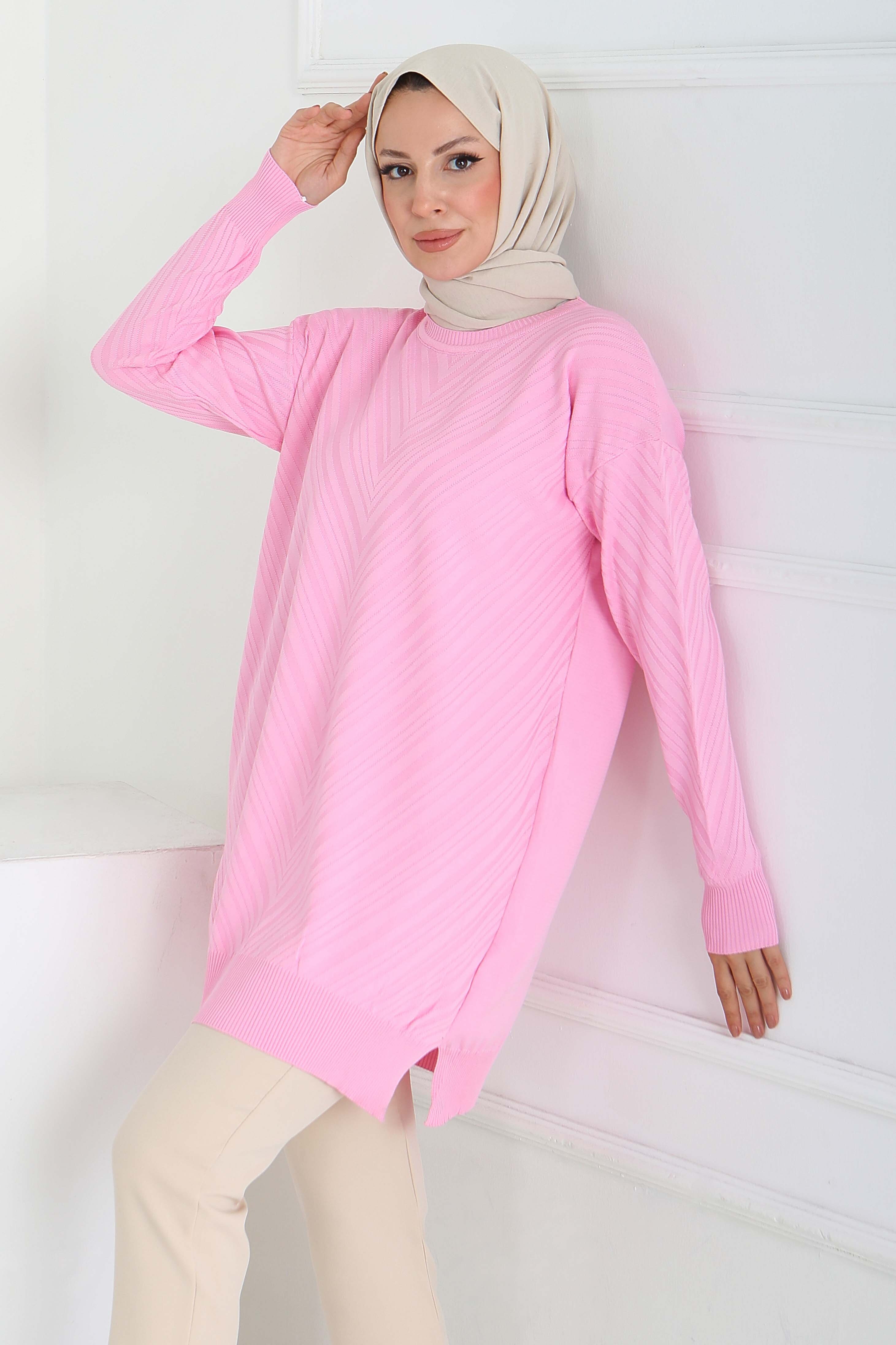Desenli Triko Tunik - 27794-PEMBE - 2