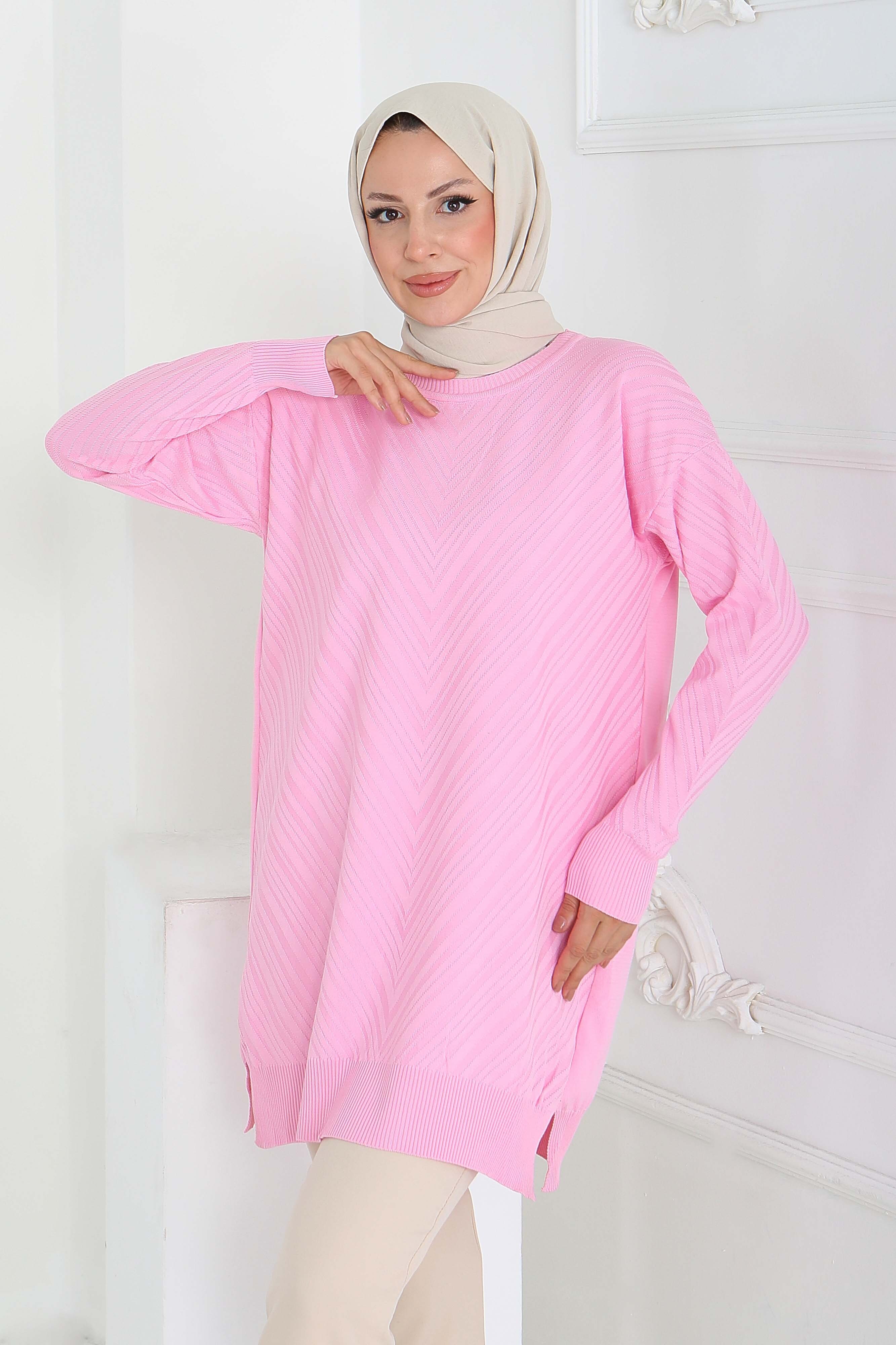 Desenli Triko Tunik - 27794-PEMBE - 3
