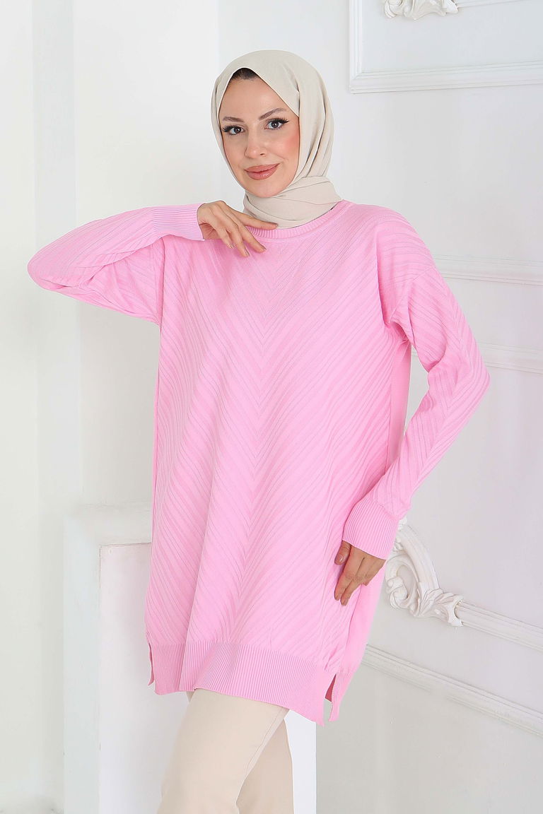 Desenli Triko Tunik - 27794-PEMBE - TOFİSA